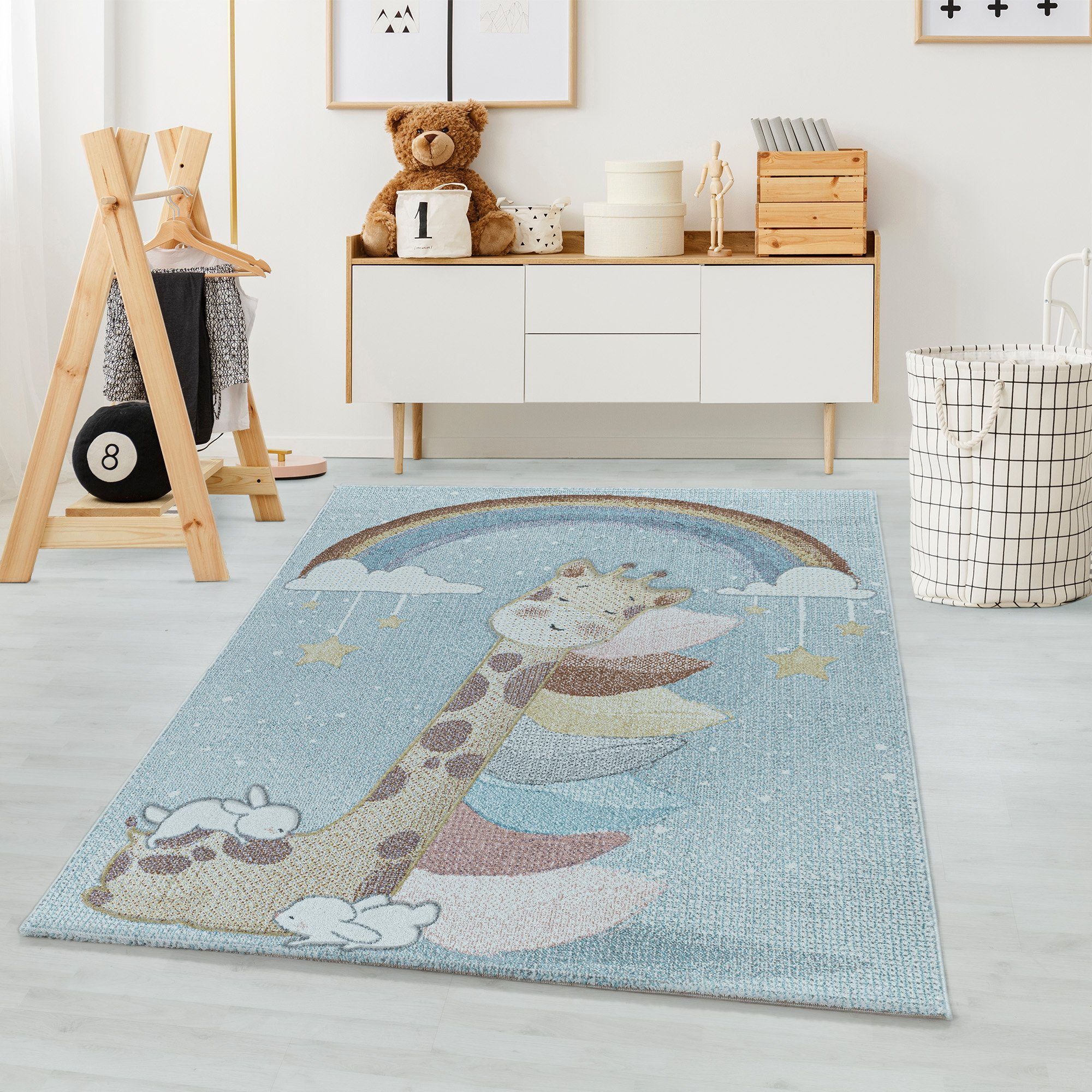 Kinderteppich Giraffen-Design, Carpetsale24, Läufer, Höhe: 9 mm, Kinderteppich Giraffe-Design Blau Pflegeleicht Teppich Kinderzimmer