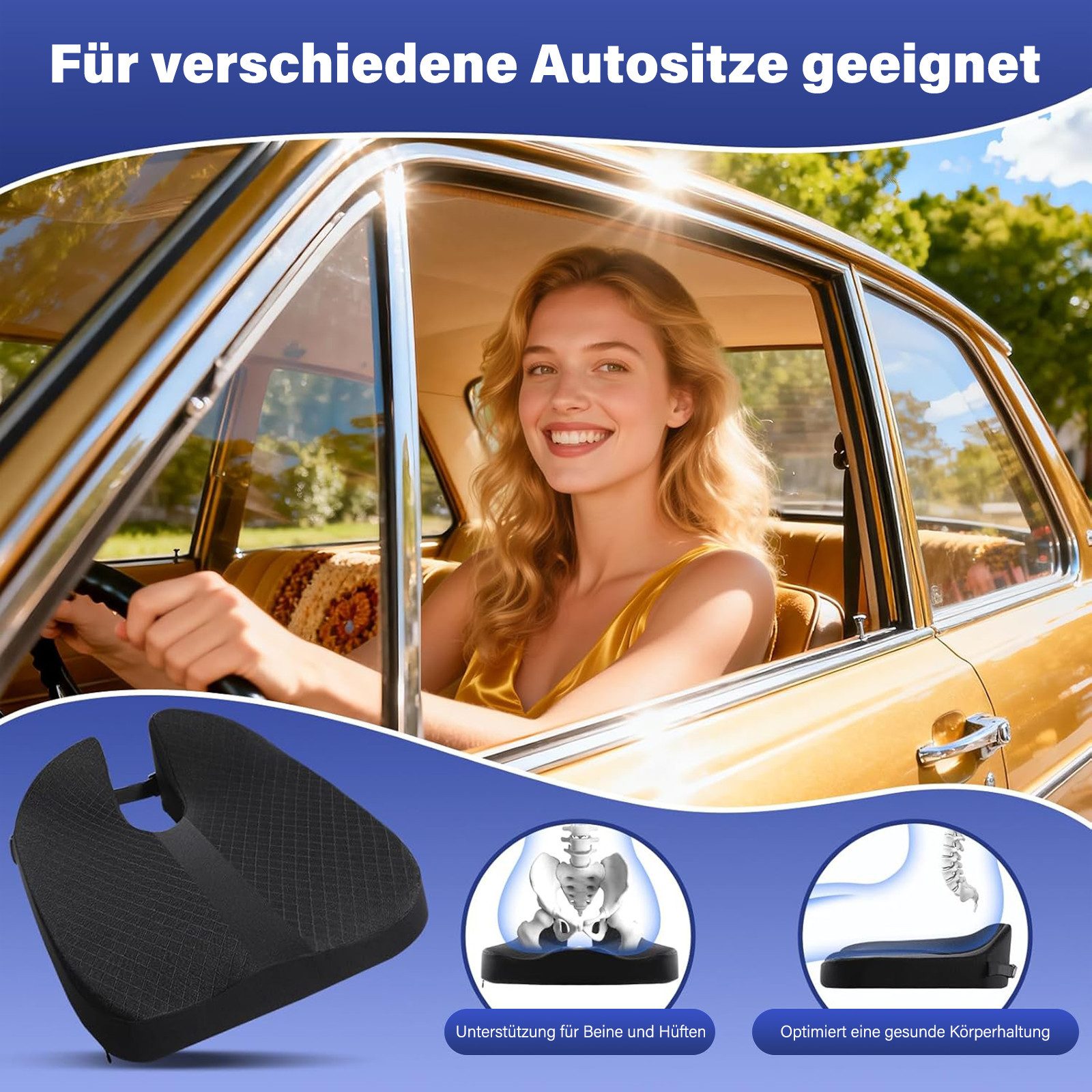MOPUEA Sitzkissen Auto Memory Schaum Autositzkissen Orthopädisches Sitzkissen, Ergonomisch Steißbein Entlastung Druckfrei Atmungsaktiv Für Bürostuhl – Bild 5 von 5