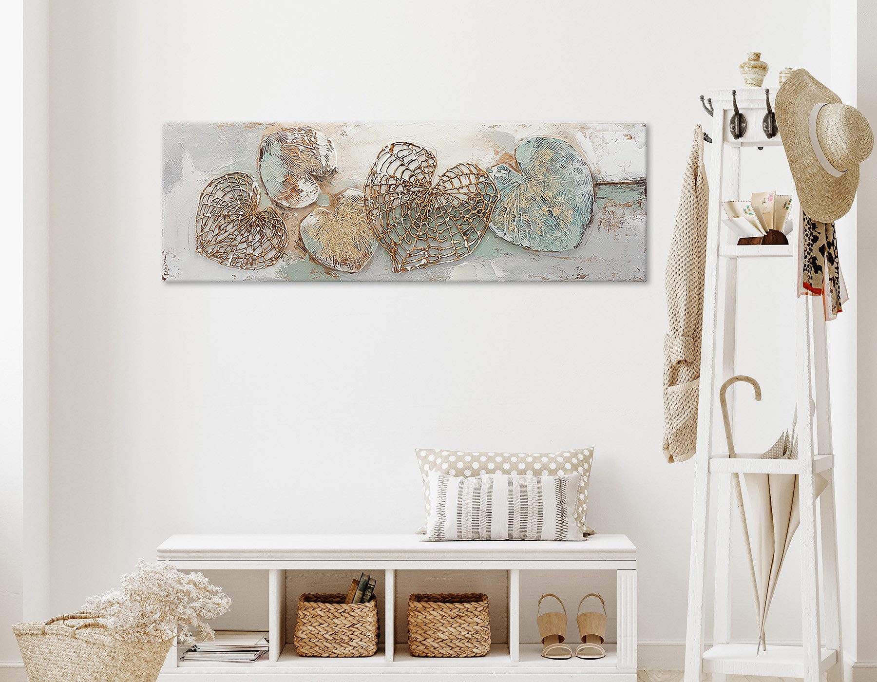 Bönninghoff Ölgemälde handarbeit HERZEN 40x120 cm – Wandbild Kunst Deko modern, Abstrakt, Blätter, Blätterbilder, Formen, Kunst, Symbole (1 St), handgefertigt,  – Bild 2 von 5