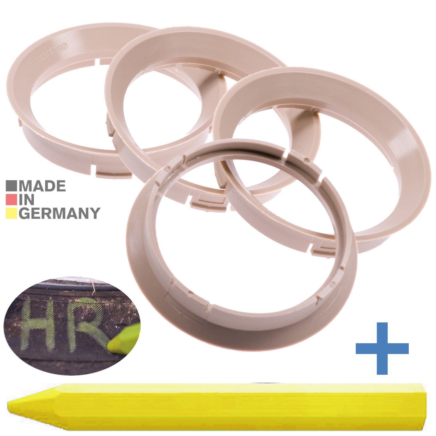 BRANDT AUTOMOTIVE Reifenstift 4X Zentrierringe Beige Felgen Ringe + 1x Reifen Kreide Fett Stift, Maße: 64,0 x 57,1 mm