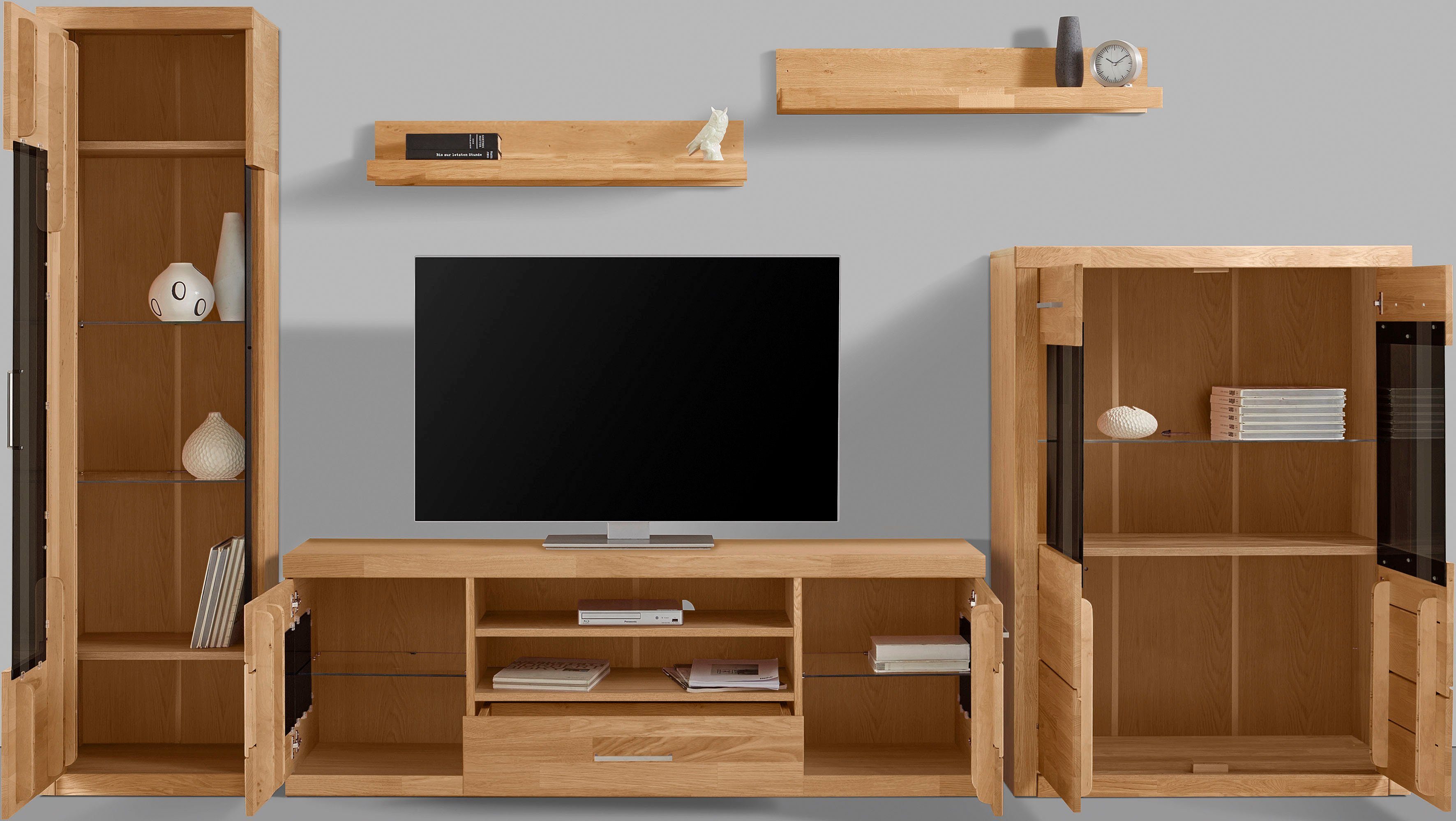 OTTO home Wohnwand Ribe: 5teilig, Breite: 300cm,Fronten aus Massivholz,Korpus aus Melamin, (Set, 5-St), B/T/H:300/35/180cm, Einlegeböden teilweise verstellbar