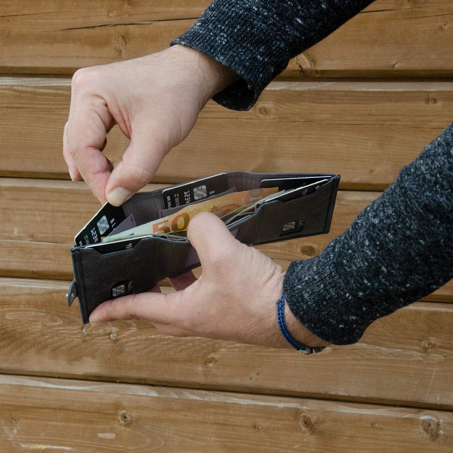 Made mit Wallet Leder, Schutz Geldbörse Design Slim in Mini echt Riva [RFID-Schutz], Solo Europe Münzfach Pelle Steingrau elegantem Slimwallet RFID [12 Karten] mit in