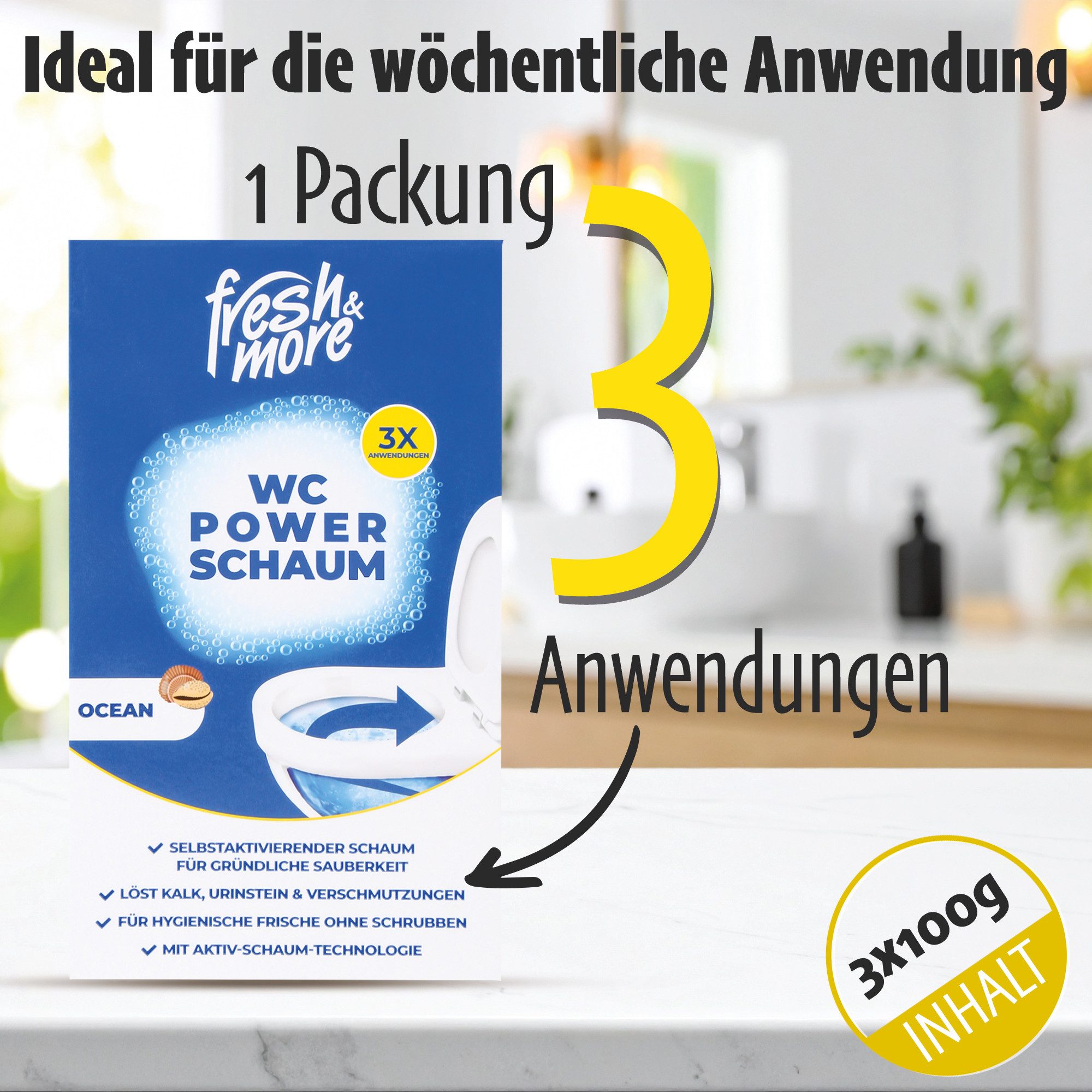 fresh & more Power-Schaum WC-Reiniger (3-St. 9 Beutel à 100 g = 3-teiliges Duft Set selbstschäumend, ohne Bürsten)