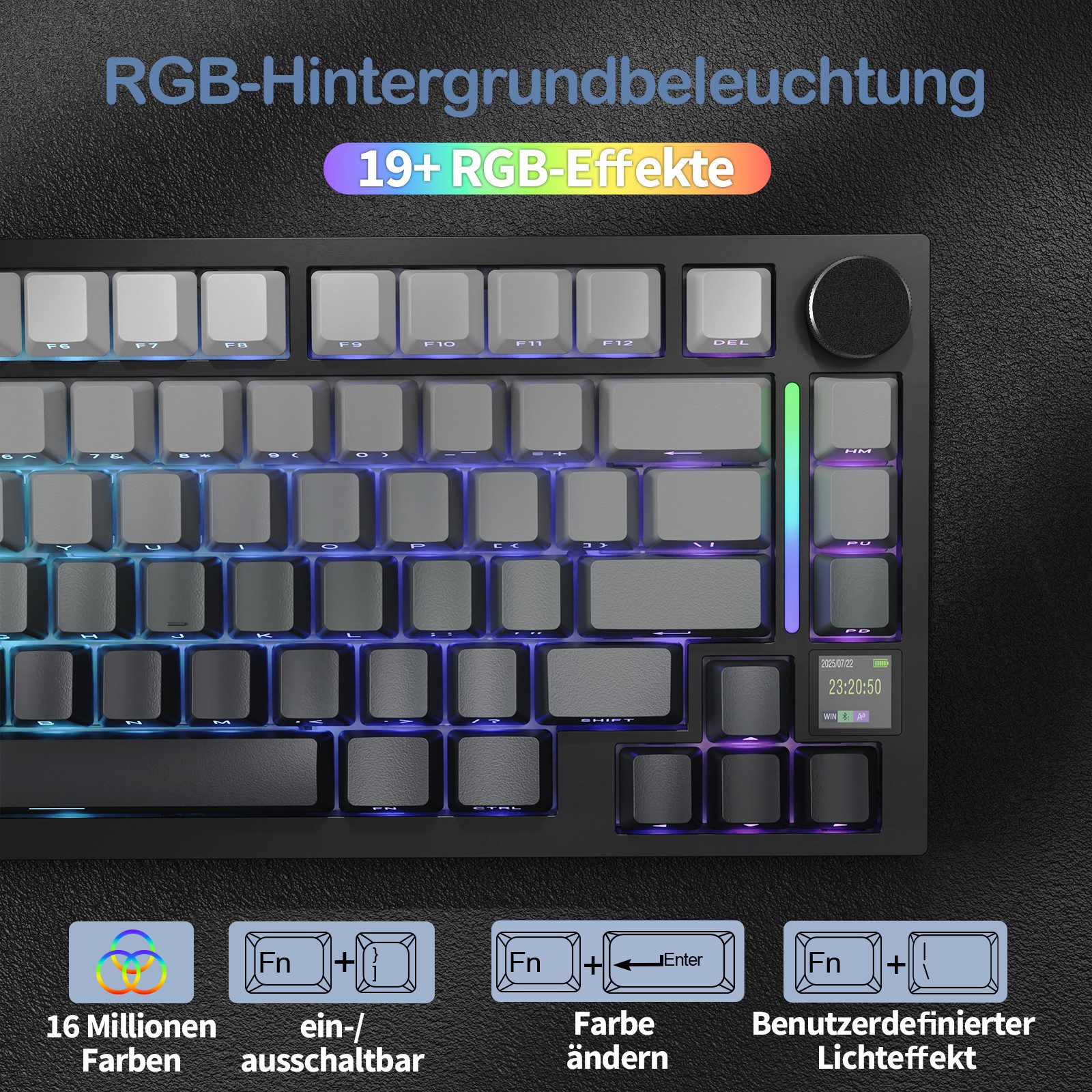 ATTACK SHARK X820 Ultra Mechanische Tastatur mit,75% ANSI-Layout, 2,4 GHz/BT/Wired Gaming-Tastatur (Gasket,TFT-Bildschirm und Knopf,5 Sound-Absorbing Foams,Hot- – Bild 5 von 5