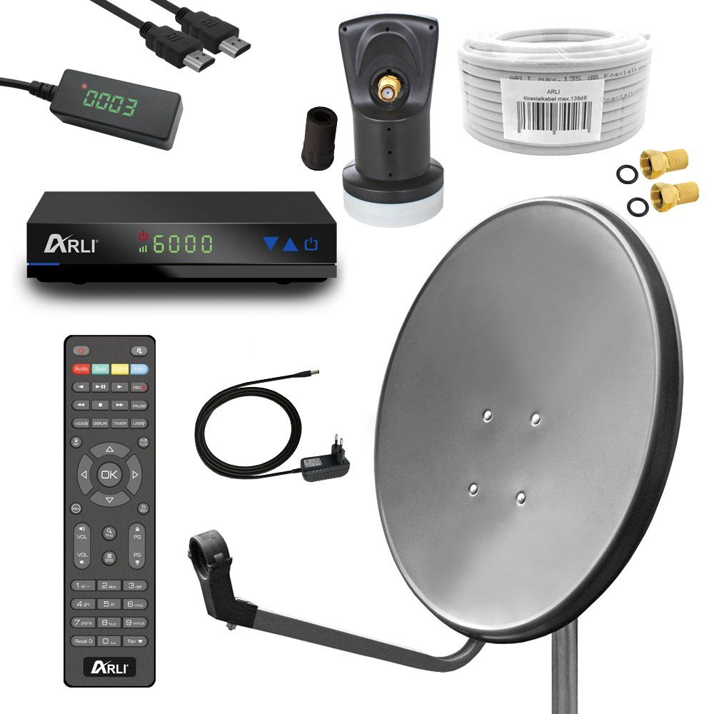 ARLI »ARLI 60 cm HD Sat Anlage Antenne grau Set inkl. Receiver + Kabel + Stecker für 1 Teilnehmer Set 12365« SAT Antenne (60 cm, Stahl)