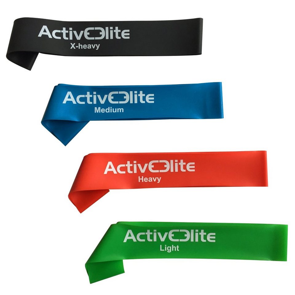 Activeelite Gymnastikband 4 verschiedene Fitnessbänder Trainingsbänder  Gymnastikbänder Übungsbänder in einem Set (Leicht, Mittel, Schwer und  EXTRA-Schwer) Aus 100% Naturlatex, mit Transportbeutel für die Bänder