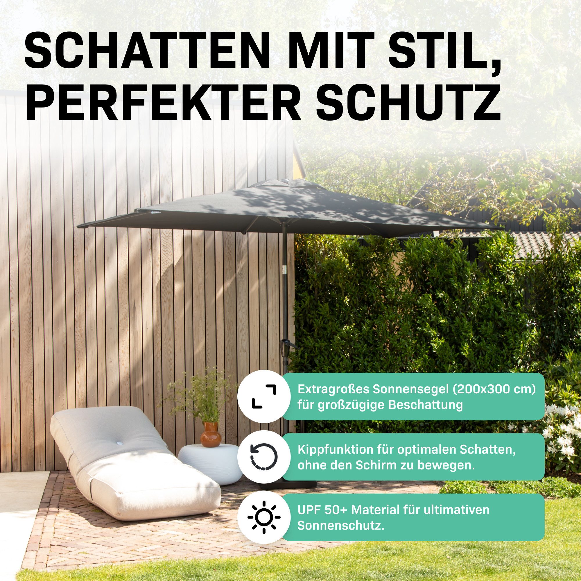 VONROC Sonnenschirm rechteckig, LxB: 300x200 cm, Set, Je nach Variante mit oder ohne Sockel, Rechteckiger Sonnenschirm für Terasse, Garten, Balkon & Gastro