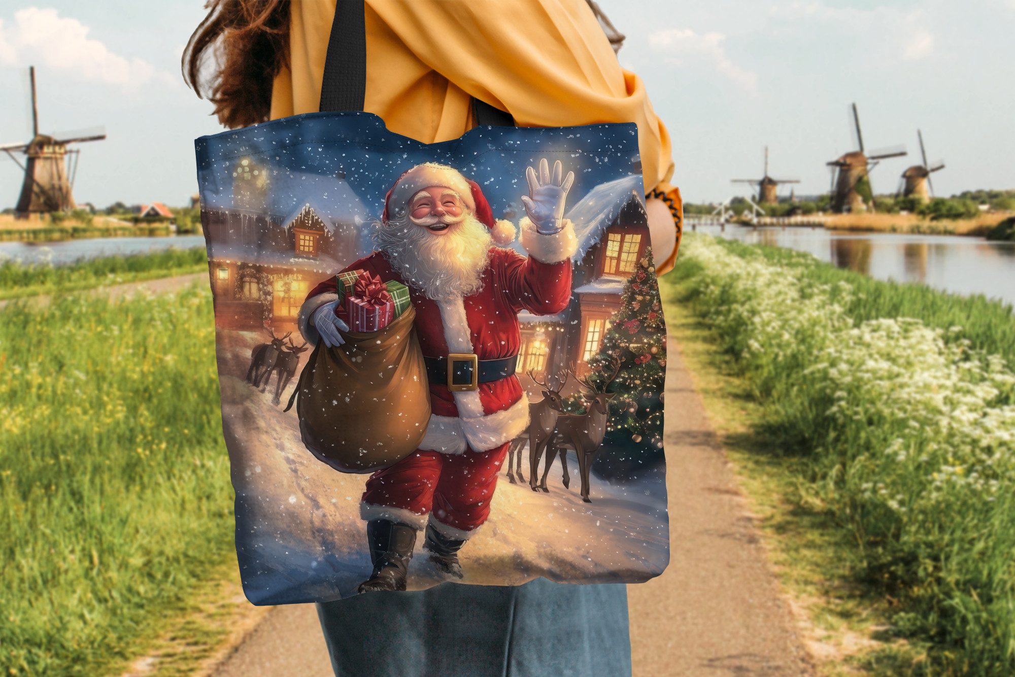 MuchoWow Shopper Weihnachtsmann - Dorf - Hirsche - Dunkelheit, Handtasche, Damen und Herren, Schultertasche, Umhängetasche, Tote Bag – Bild 3 von 5