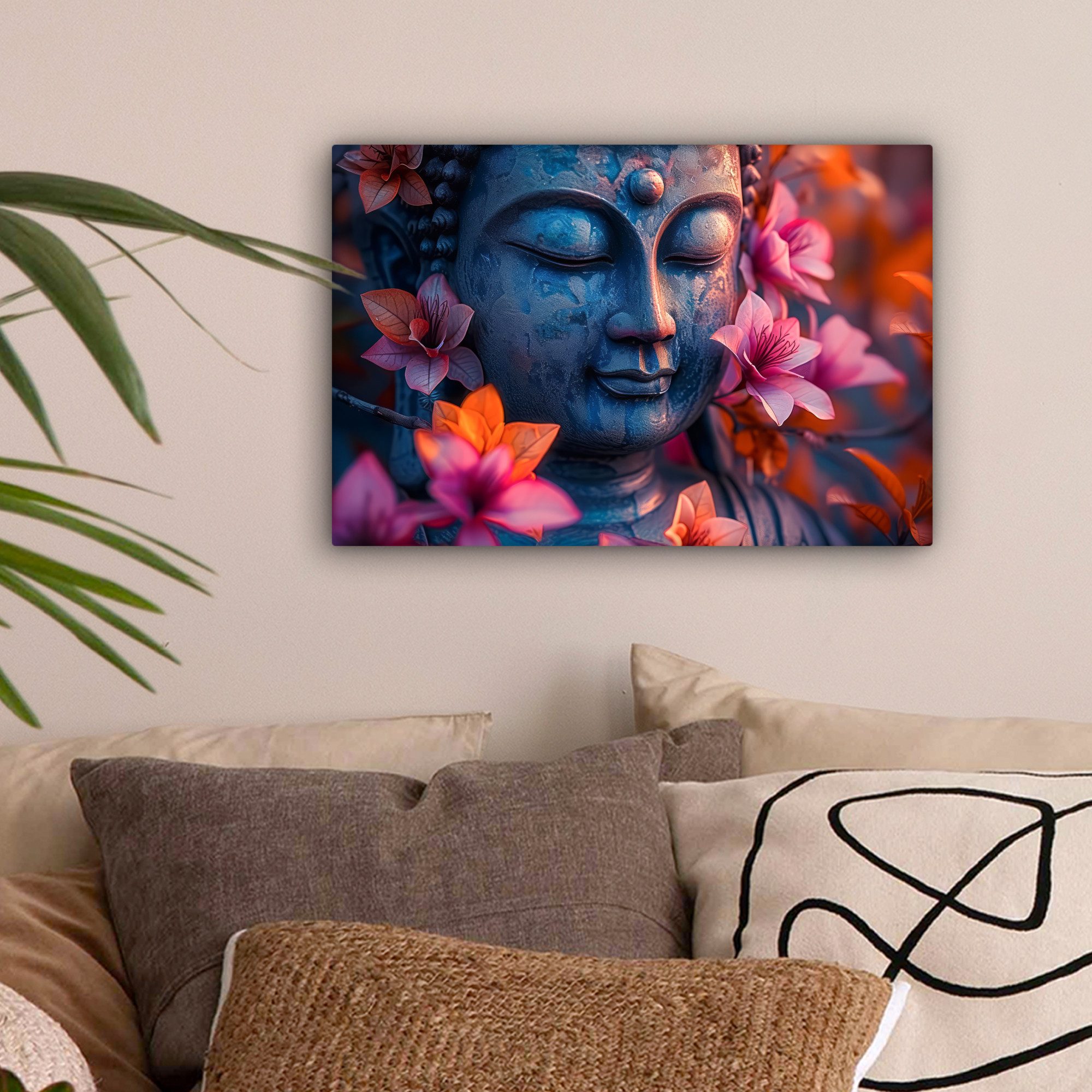 OneMillionCanvasses® Leinwandbild Buddha - Porträt - Blumen - Bild, Fotodru günstig online kaufen