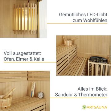 Artsauna Sauna Espoo150 Premium, 50 mm, für 3 Personen, Hemlock Holz, Harvia Ofen, Sanduhr, Thermo-Hygrometer