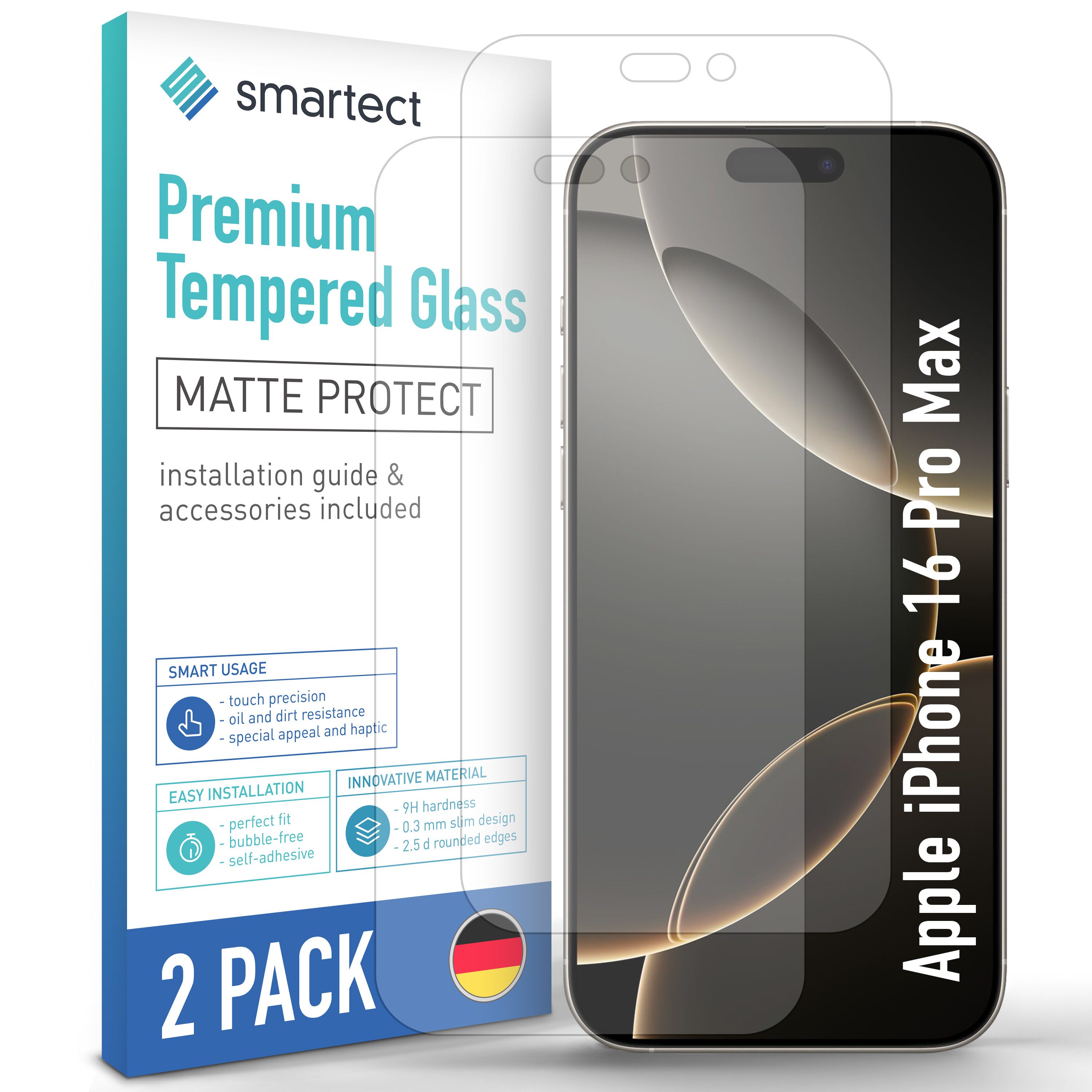 smartect Displayschutzglas Schutzglas Matt für iPhone 16 Pro Max, 2 Stück für iPhone 16 Pro Max, 2 Stück, Anti-Fingerabdruck, 9H Härte, Blasenfreie Installation