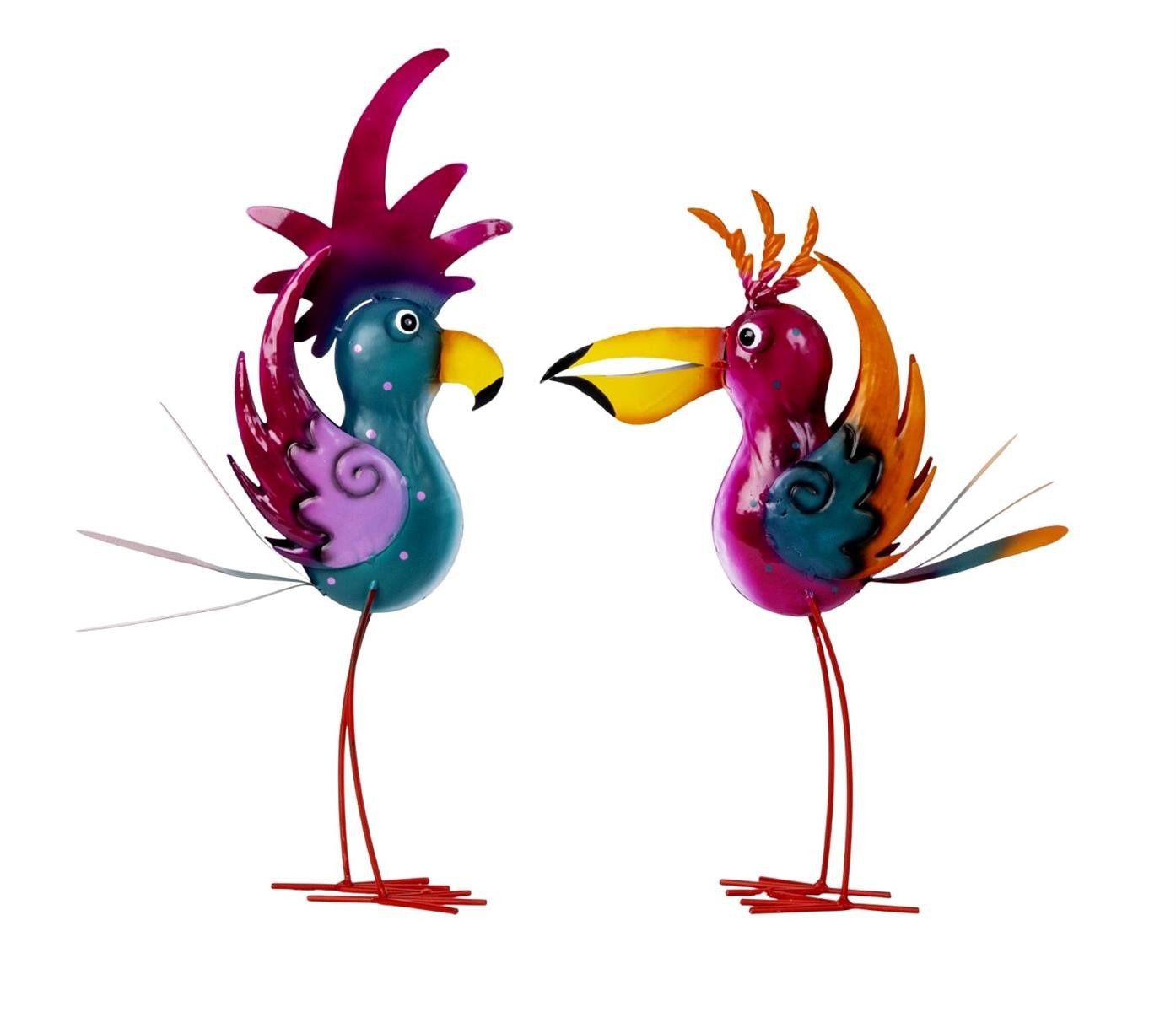 Geschenkestadl Tierfigur Bunte Metall Vögel 2er Set – freche Dekofiguren 41/47 cm (Spar-Set, 2 St., 2 lustige Vögel), bunte knallige schräge Vögel