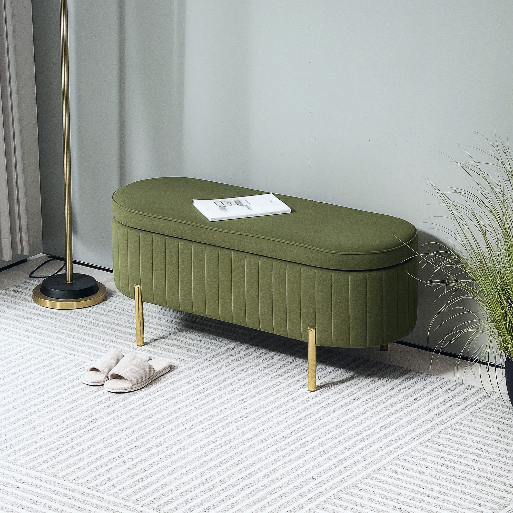 HOMCOM Sitzbank Polsterbank mit Samtoptik, Bettbank mit Metallbeine (Sitztruhe, 1-St., Truhenbank), für Flur, Wohnzimmer, Schlafzimmer 108 x 44 x 43,5 cm, Grün