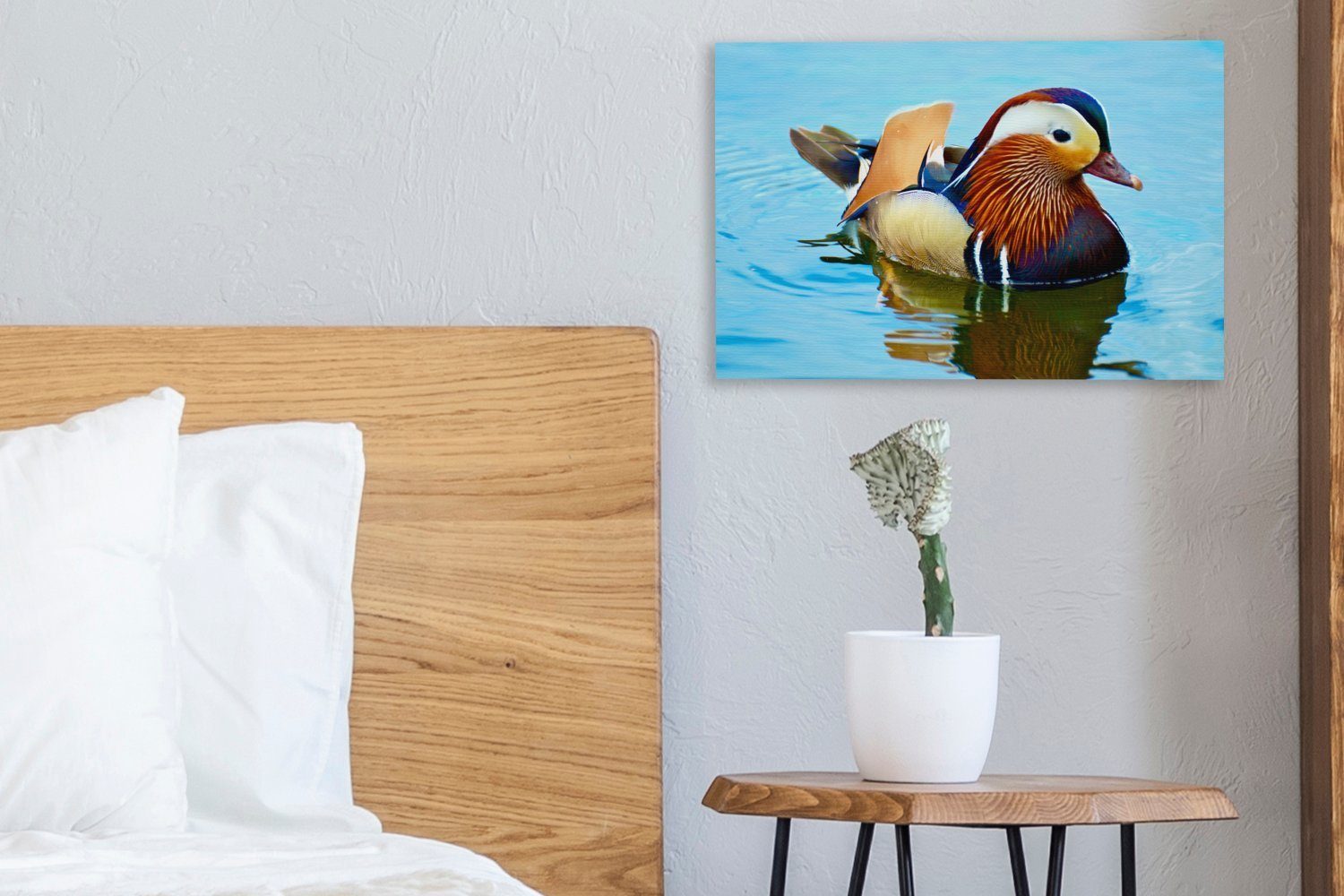OneMillionCanvasses® Leinwandbild Mandarin-Ente in 30x20 St), blauem Wandbild Aufhängefertig, Wanddeko, Wasser, Leinwandbilder, cm (1