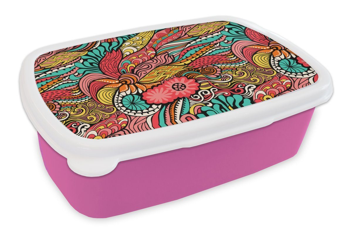 MuchoWow Lunchbox Bohème - Muster - Blumen, Kunststoff, (2-tlg), Brotbox für Erwachsene, Brotdose Kinder, Snackbox, Mädchen, Kunststoff rosa