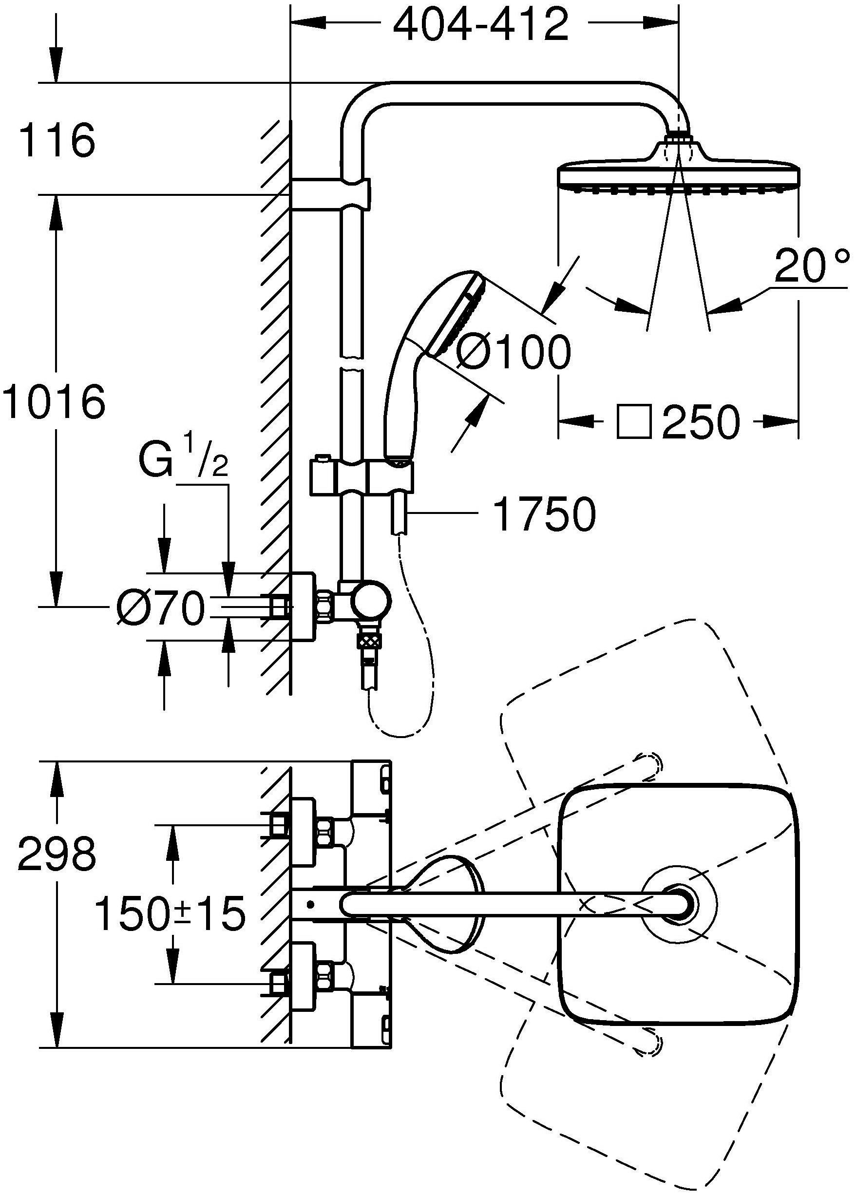 Grohe Duschsystem Vitalio Strahlart(en), die 250 für 10 1 cm, Höhe Thermostatbatterie mit Cube, System Start Wandmontage