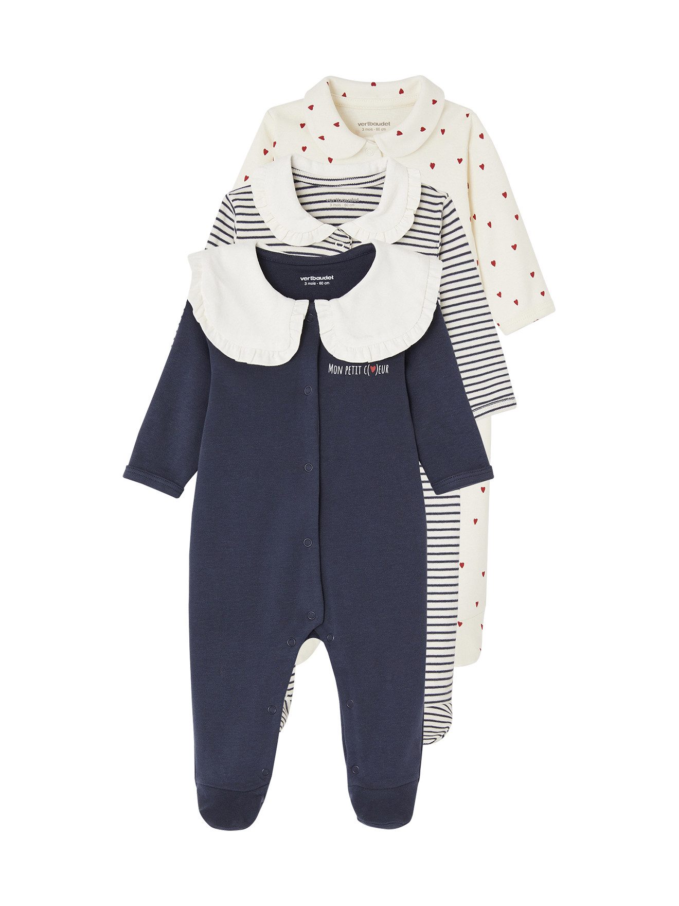 Schlafanzug 3er-Pack Baby Strampler aus Interlock HERZ