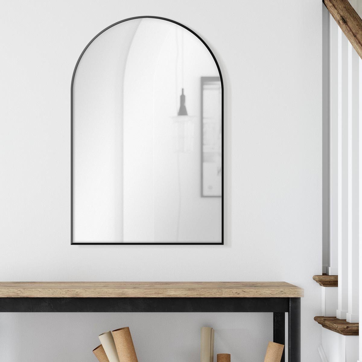 PHOTOLINI Spiegel mit Metallrahmen, Wandspiegel halbrund, cm Rahmen 50x75 schmaler Schwarz