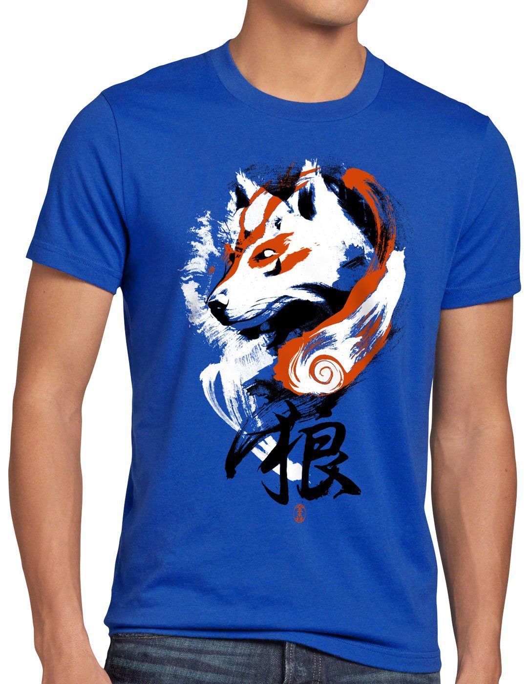 style3 Print-Shirt Herren T-Shirt Kami sumi-e japan videospiel blau amaterasu