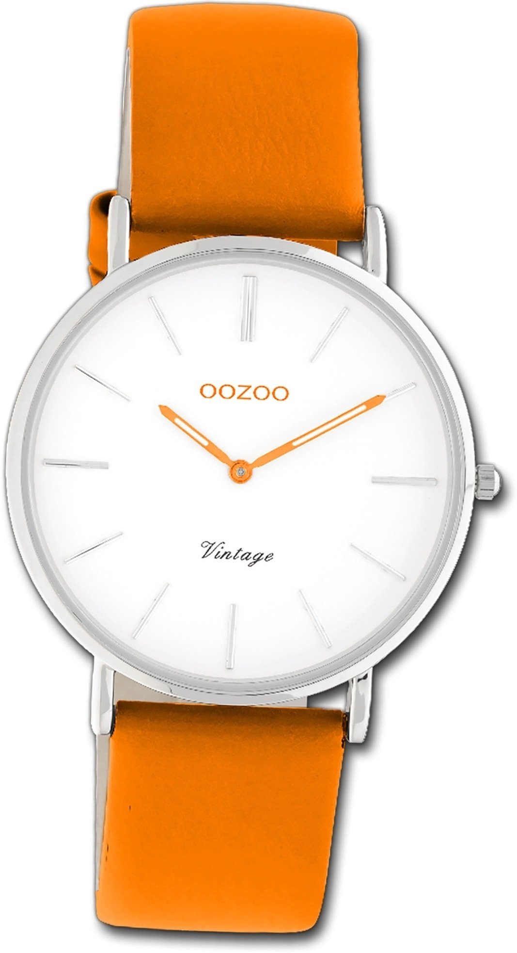 OOZOO Quarzuhr Oozoo Damen Armbanduhr Vintage Series, Damenuhr Lederarmband orange, rundes Gehäuse, mittel (ca. 36mm)