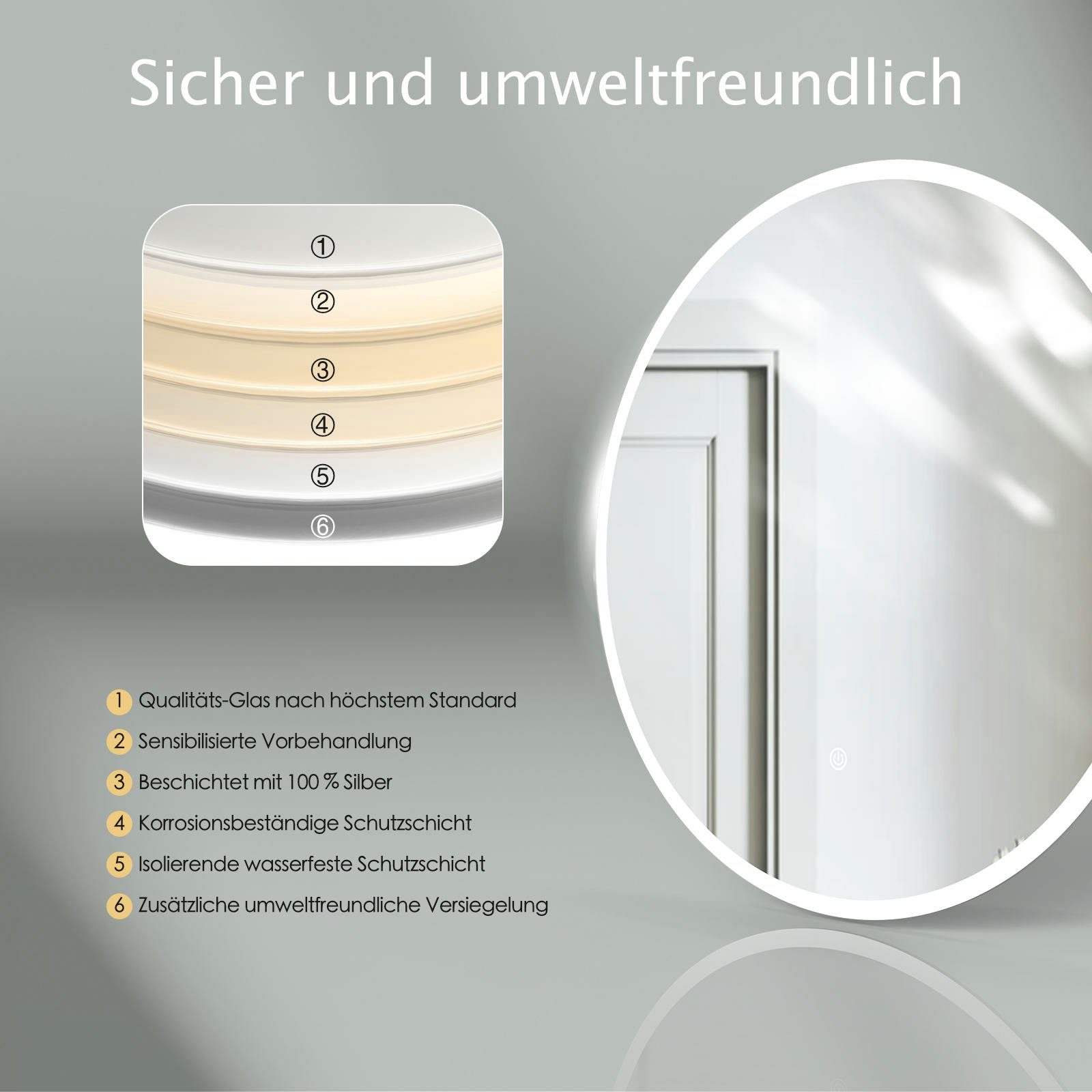 HOKO Badspiegel mit beleuchtung 50x70/60x80cm Wandspiegel mit Licht (Warmweiß - Kaltweiß - Neutral. Licht mit Touch Schalter und mit Wandschalter einschaltbar.  – Bild 5 von 5