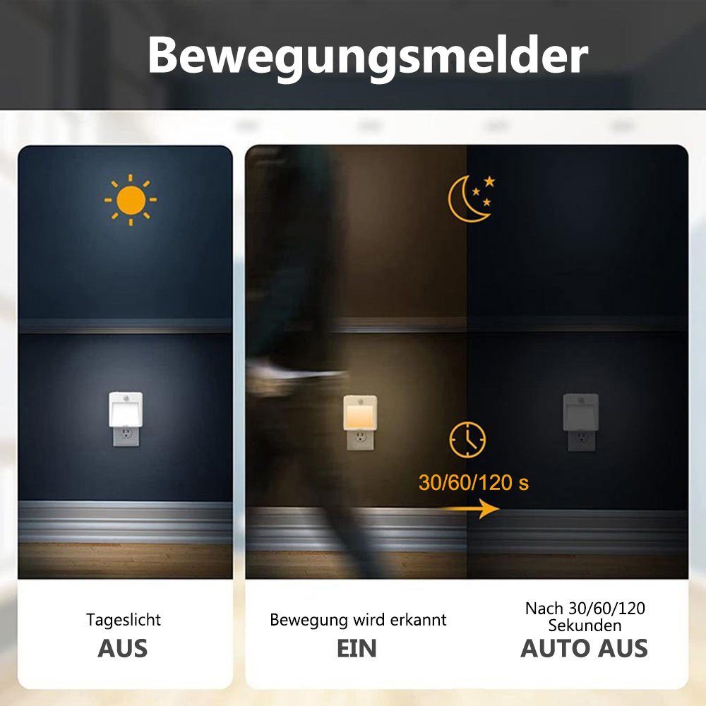 Nachtlicht Nachtlampe, 3 Bewegungsmelder, Steckdose LED LED Sunicol Modi Steckdosenlicht Treppen Licht EIN/AUS Schreibtischlampe Dimmbar Warmweiß Auto mit