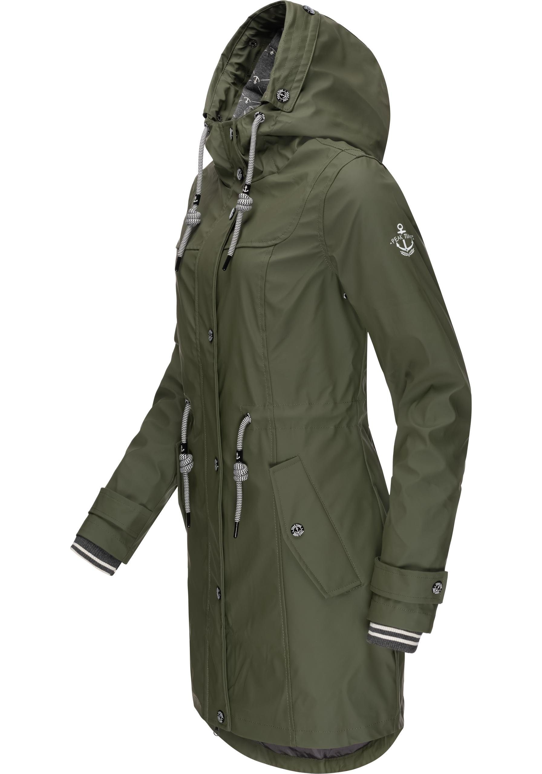 Damen taillierter TIME L60042 PEAK Regenmantel für Regenjacke olivgrün stylisch
