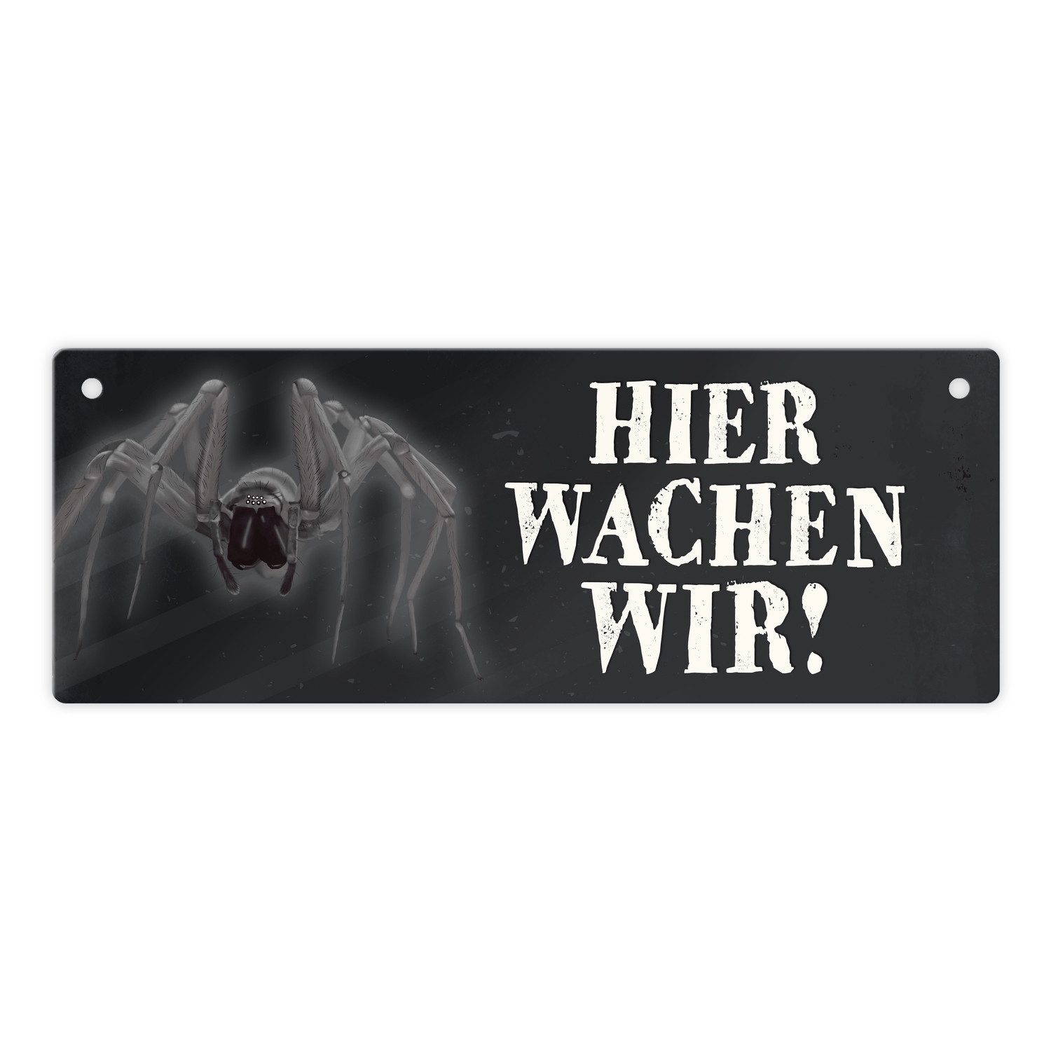 Metallschild Metallschild mit Spinne Motiv und Spruch: Hier wachen wir! Türschild