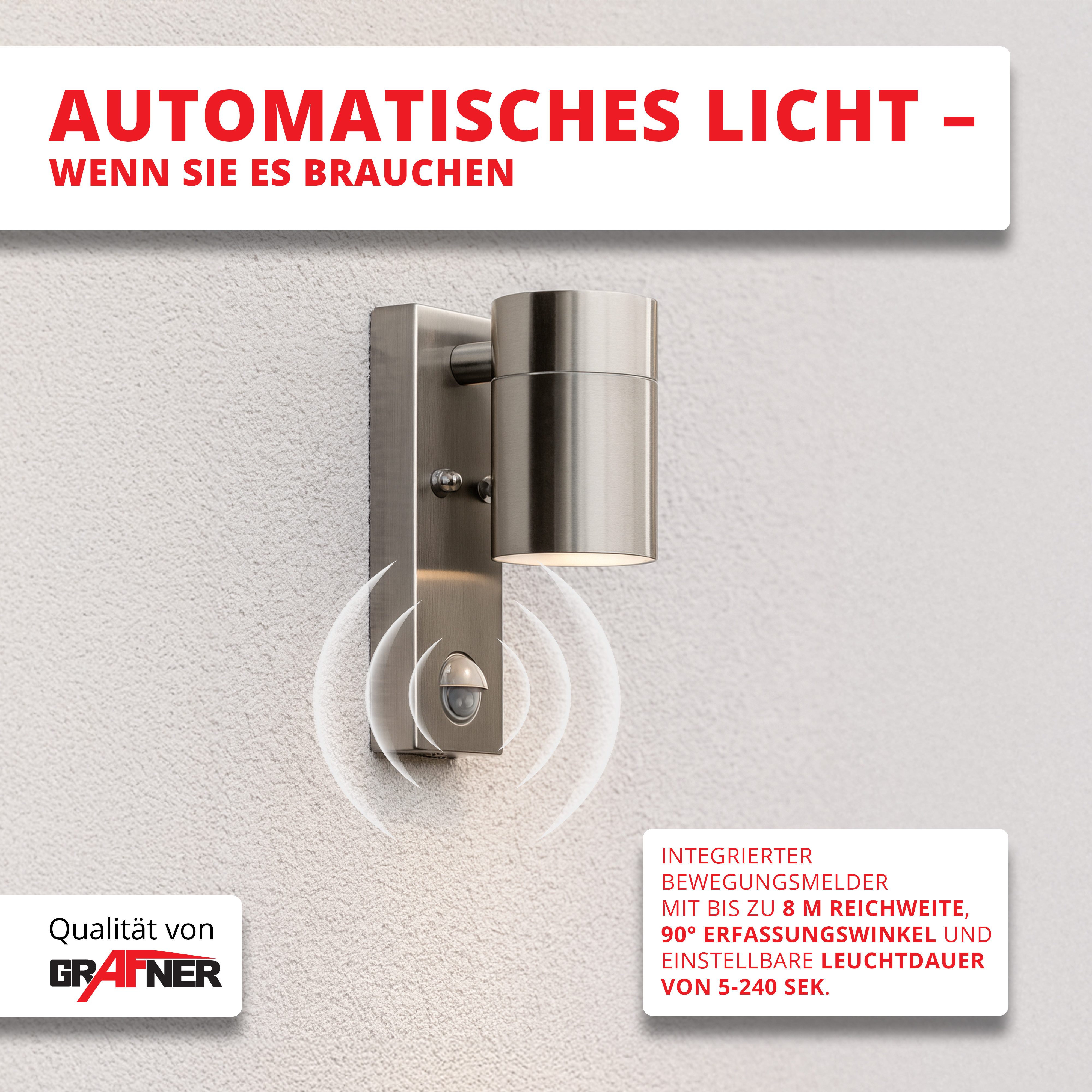 Grafner Außen-Wandleuchte Wandlampe Edelstahl mit Bewegungsmelder 26BPIR Li günstig online kaufen