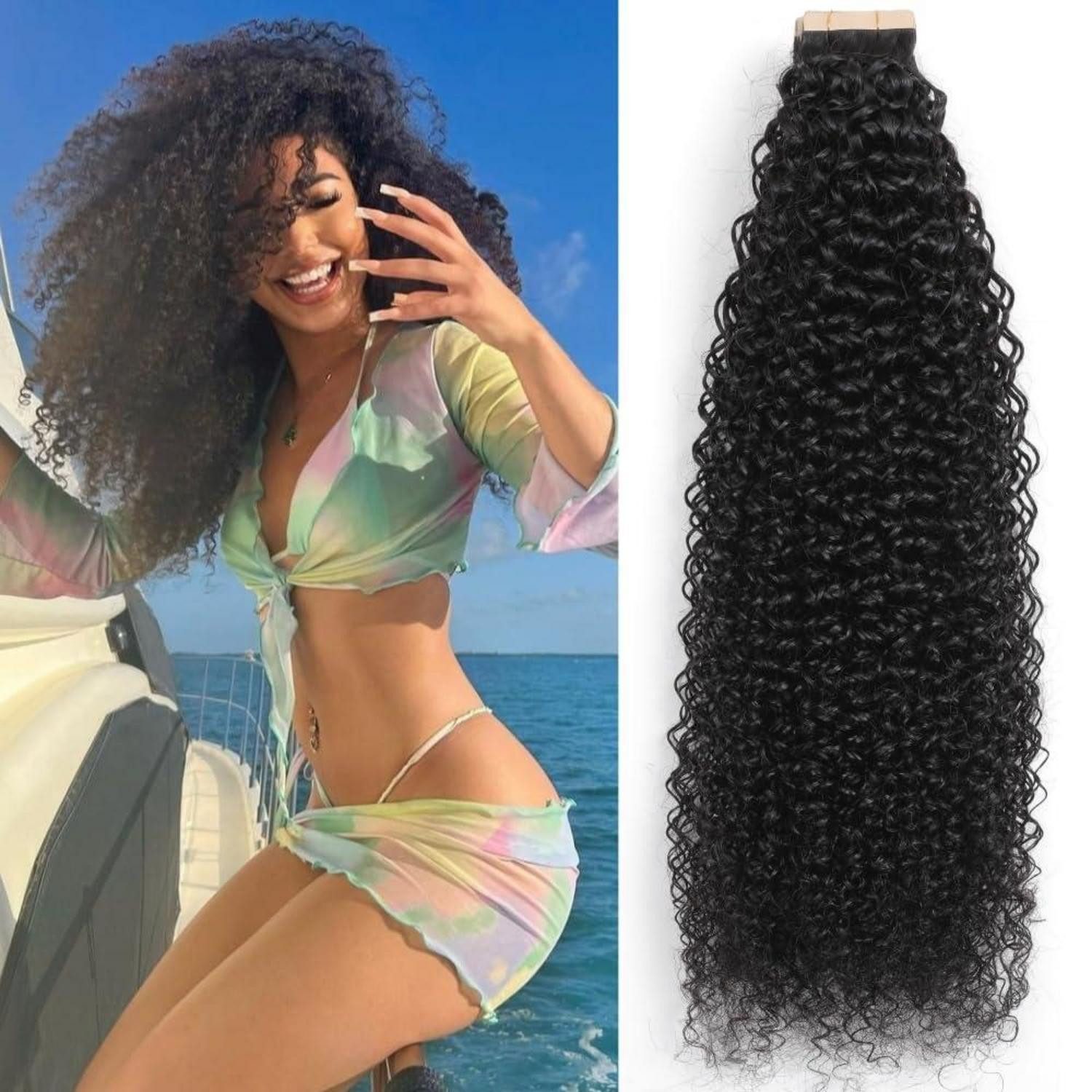 LuxusKollektion Echthaar-Extension Tape Extensions Echthaar Kinky Curly 1B# 24zoll-61cm(20er Pack)