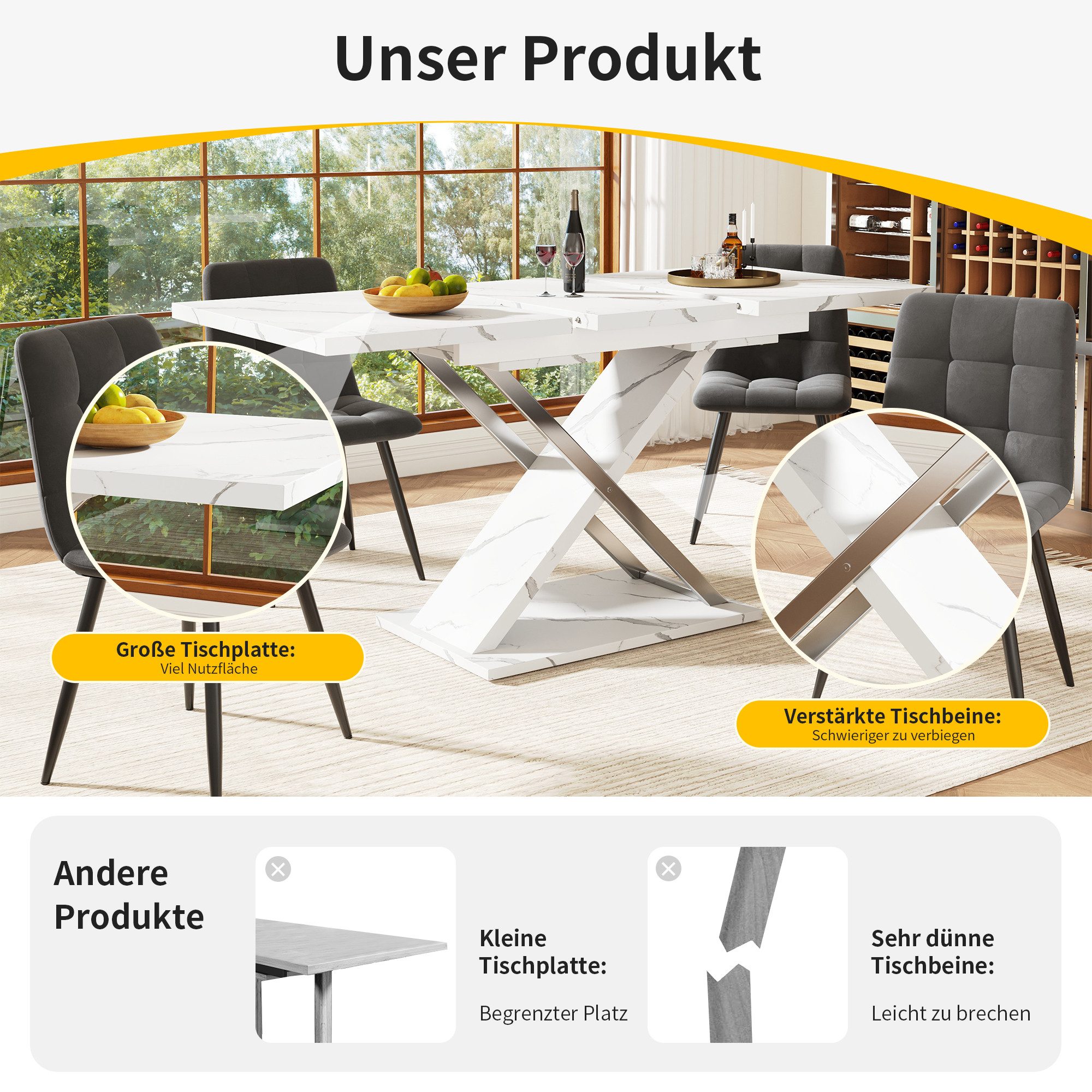 Celya Esstisch Teleskoptisch,Esstisch Ausziehtisch MDF Tischplatte Mit Marmormustern (Doppelnutzung für Heim & Büro), Küchen-Wohnzimmertisch,Esstisch mit Kreuzbeinen 118-157×75×76.4cm