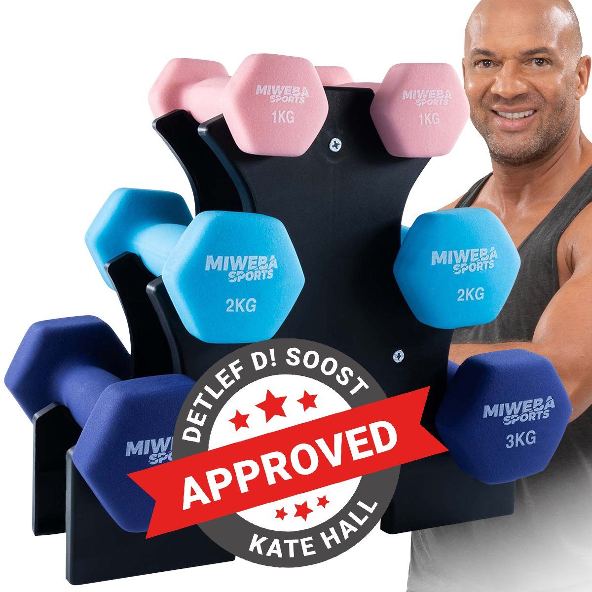 Miweba Sports Hantel-Set Premium Gymnastikhantel-Set NKH120 inkl. Hantelablage, (rutschfest - Fitness Sport Muskelaufbau Training Hantel Set Kurzhantelset Kettlebell Set, 3 Farben, Neopren, Hexagon-Form, 1 kg - 2 kg - 3 kg), Kurzhantel Aerobic Hantel Set Fitnesshanteln Gewichte