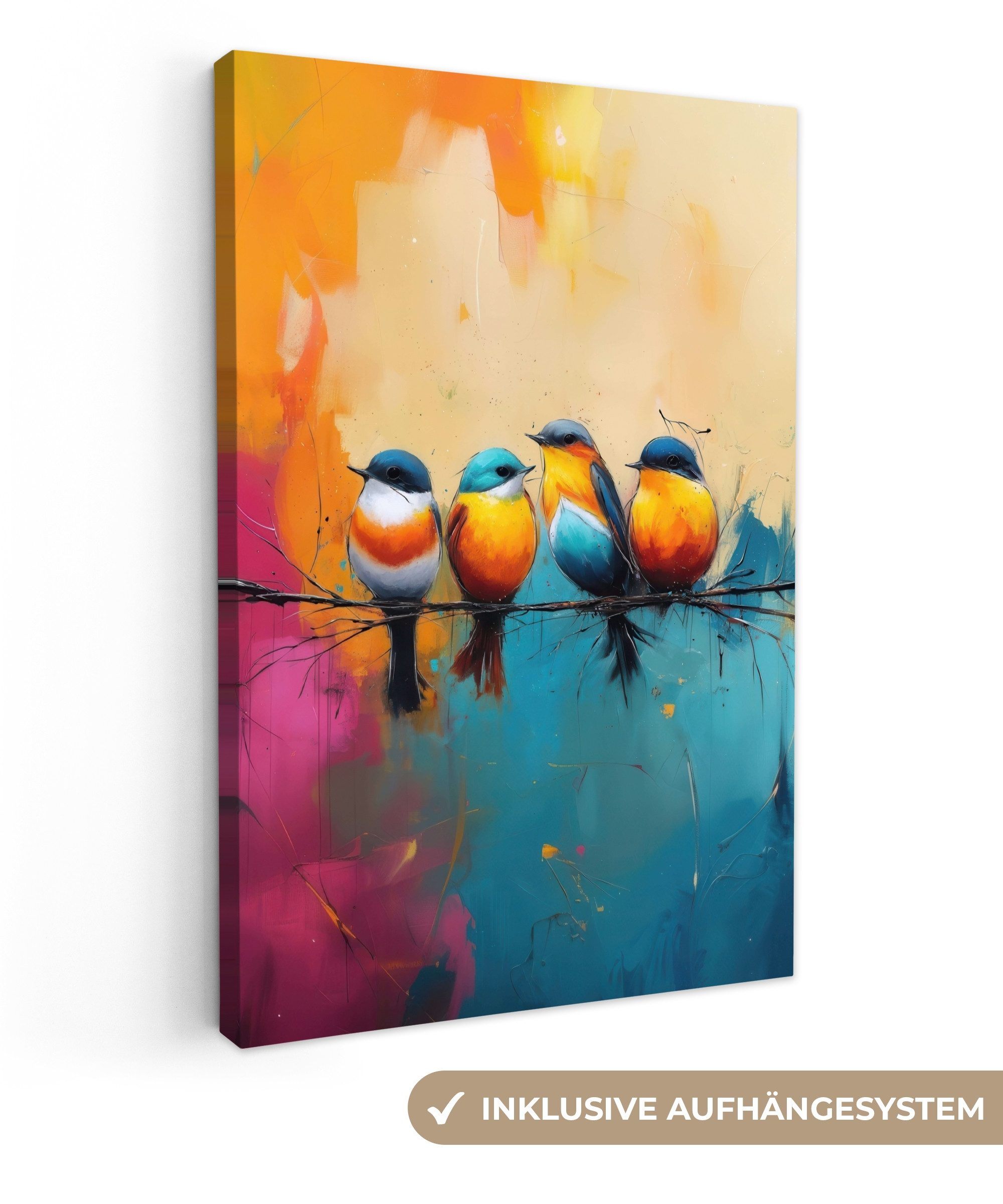 OneMillionCanvasses® Leinwandbild Vögel - Bunt - Zweig - Abstrakt, Fotodruck (1 St), Leinwand Canvas Wandbild, Wanddekoration 20x30 cm