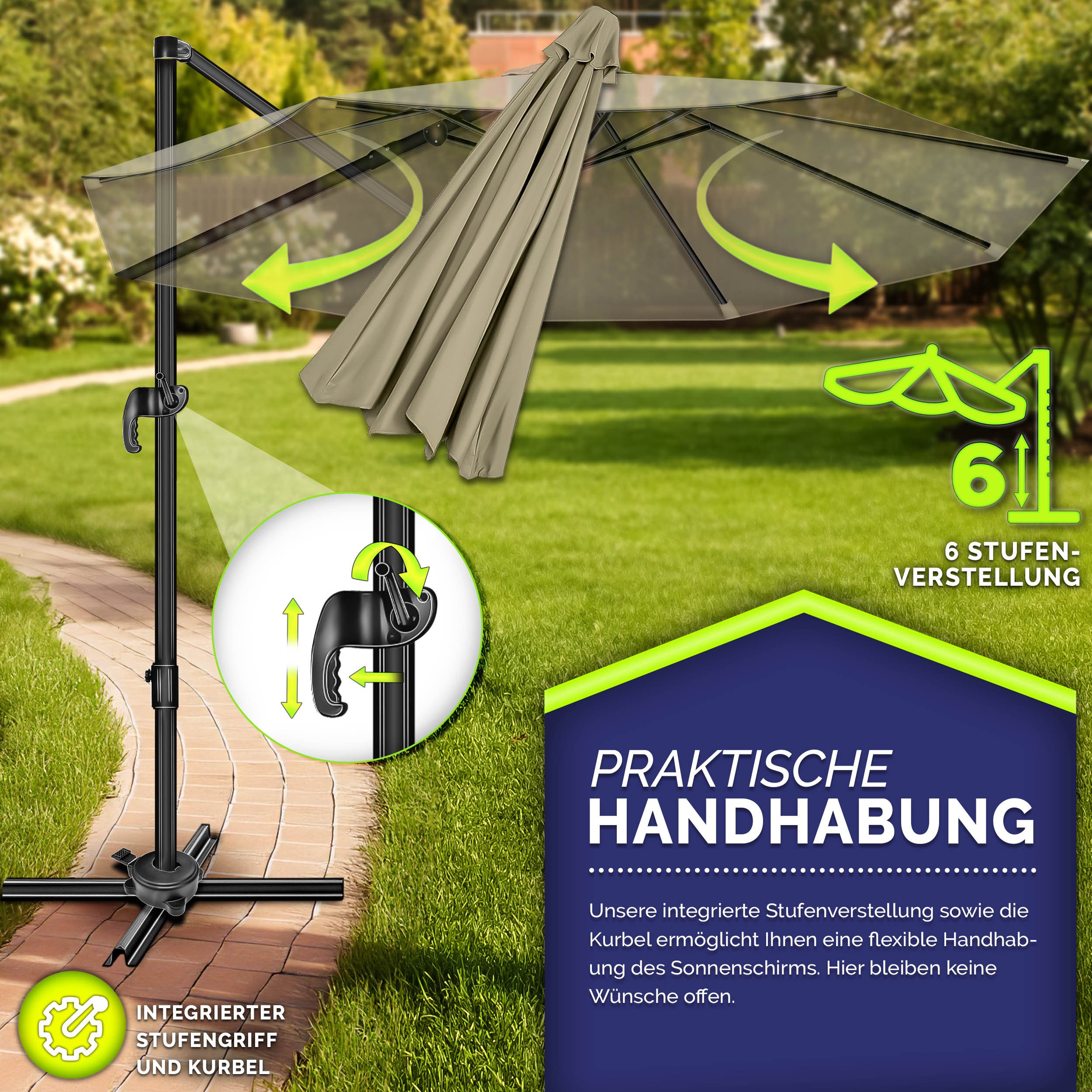 tillvex Sonnenschirm tillvex® Premium Alu Sonnenschirm 330 cm + Abdeckung & Windsicherung, Premium-Series, inkl. Regenabdeckung, Ampelschirm 6-fach Verstellbar mit Kurbel