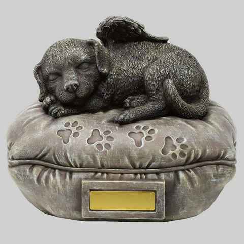 MystiCalls Dekofigur Hundeurne Urne Hund liegt auf Kissen - Tierurne Hunde Urne (1 St), Urne für Hund