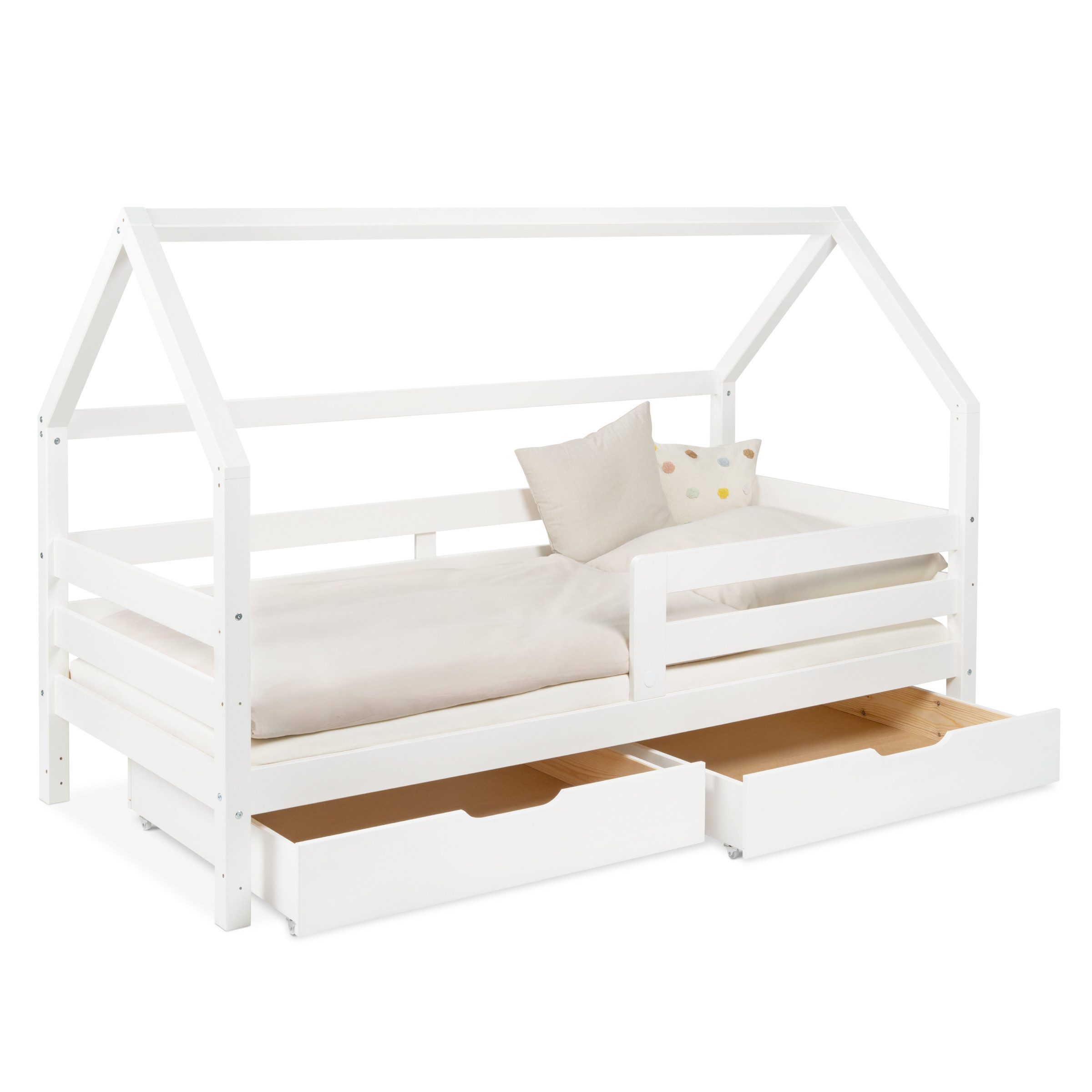 Ehrenkind Hausbett Sona aus FSC®-zertifiziertem Kiefernholz, höhenverstellbar (90x200 cm mit Doppelschublade, inkl. Rollrost und abnehmbarem Rausfallschutz), 2-in-1 Bett – bodentief oder in Standardhöhe aufbaubar