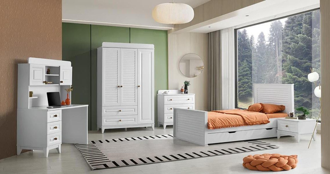Jugendzimmer-Set 5-teiliges Kinderzimmer Set: Bett, Nachttisch, Kommode, Schreibti