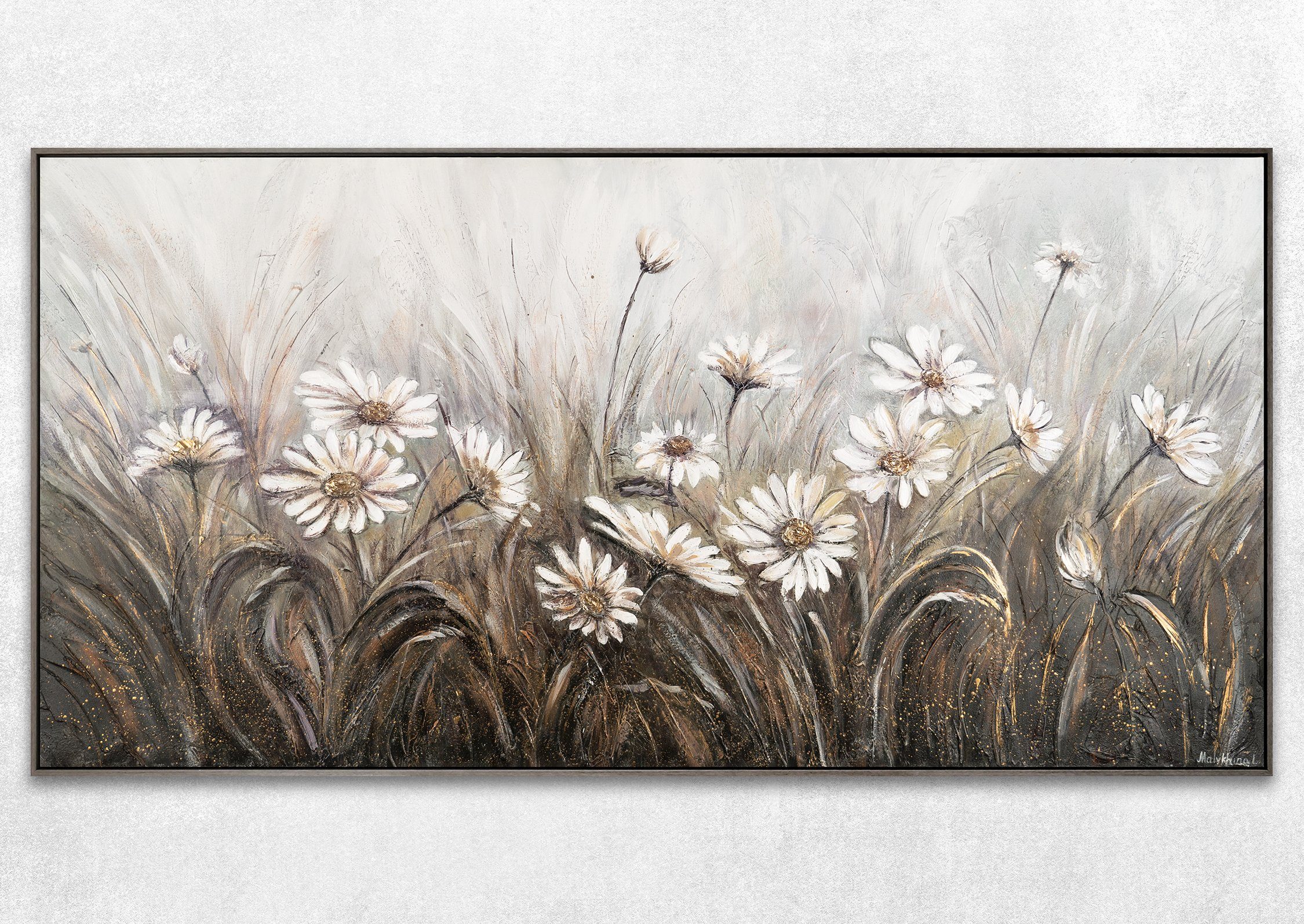 Schwarz Bild Gemälde in Leinwand Blumen Grau Handgemalt Mit Gänseblümchen, Blumen, Weiß Rahmen YS-Art