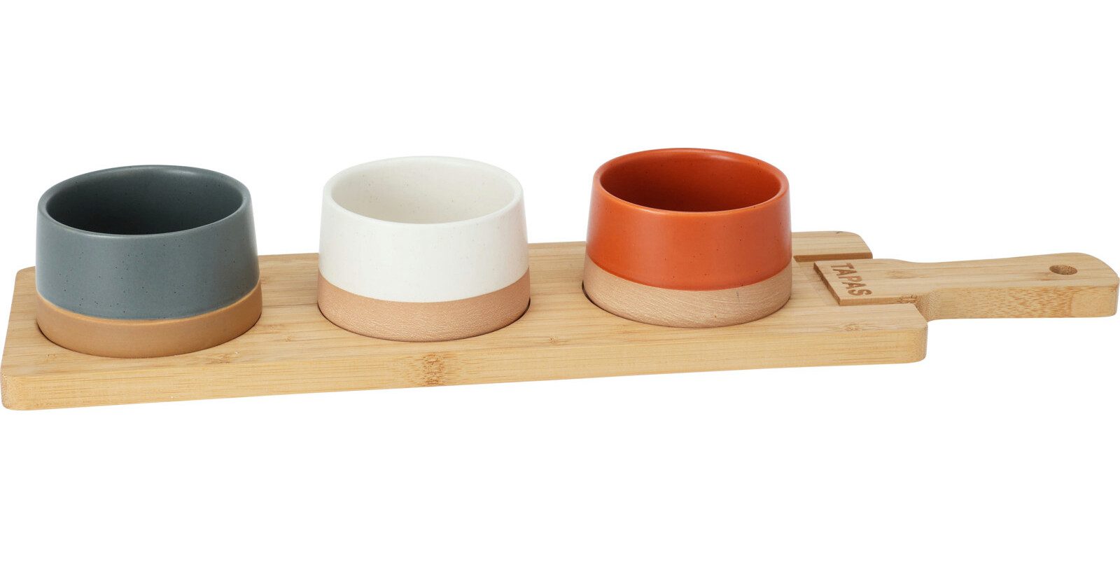 Koopman Dipschale Serviertablett Tapas Schalen 48x12 cm Griff Holz 3 Schalen, Bambus, (5-tlg), 3 Schalen, Tapas, 1 Tablett, Serviertablett, Bambus