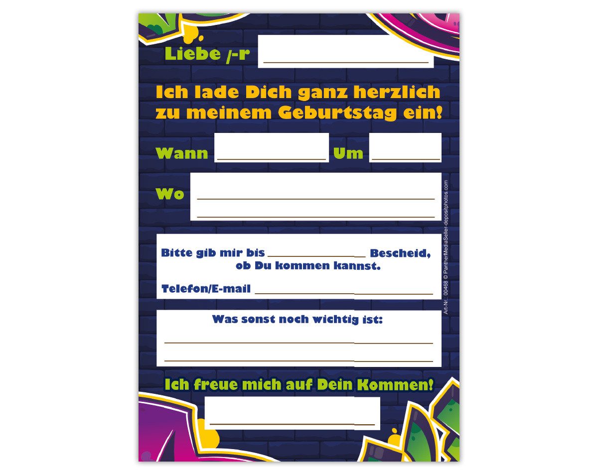 JUNAPACK Einladungskarten Graffiti zum 10. Kindergeburtstag Mädchen Jungs Einladungen Umschlägen, Einladungskarten mit Umschlägen zum 10. Geburtstag Graffiti – Bild 3 von 5