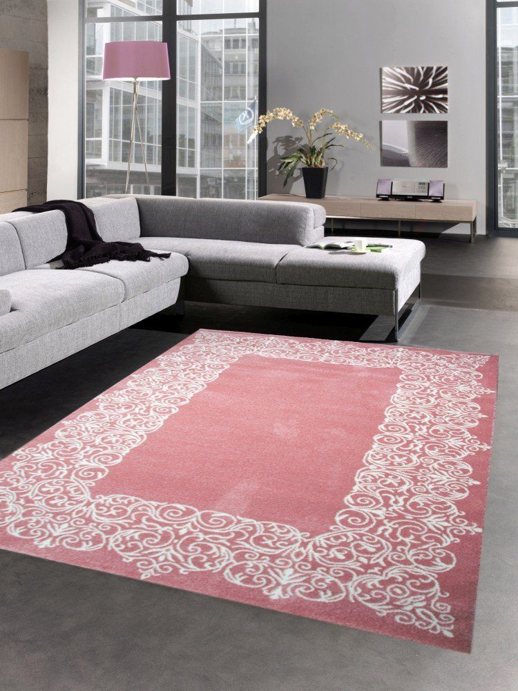 Teppich Designer Teppich Wohnzimmerteppich Kurzflor Ornamente rosa creme