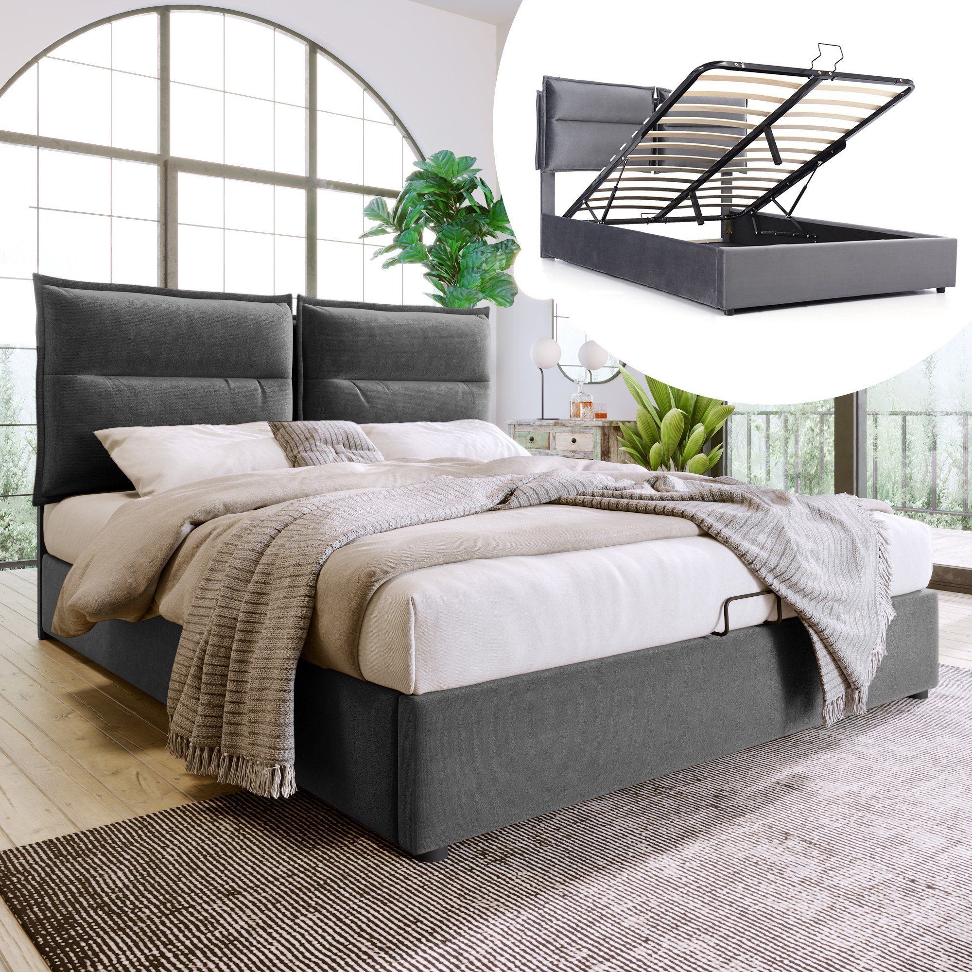 Polsterbett (Hydraulisches Funktionsbett 140x200cm), Doppelbett mit Verstellbares Kopfteil und Stauraum, Bezug aus Samt