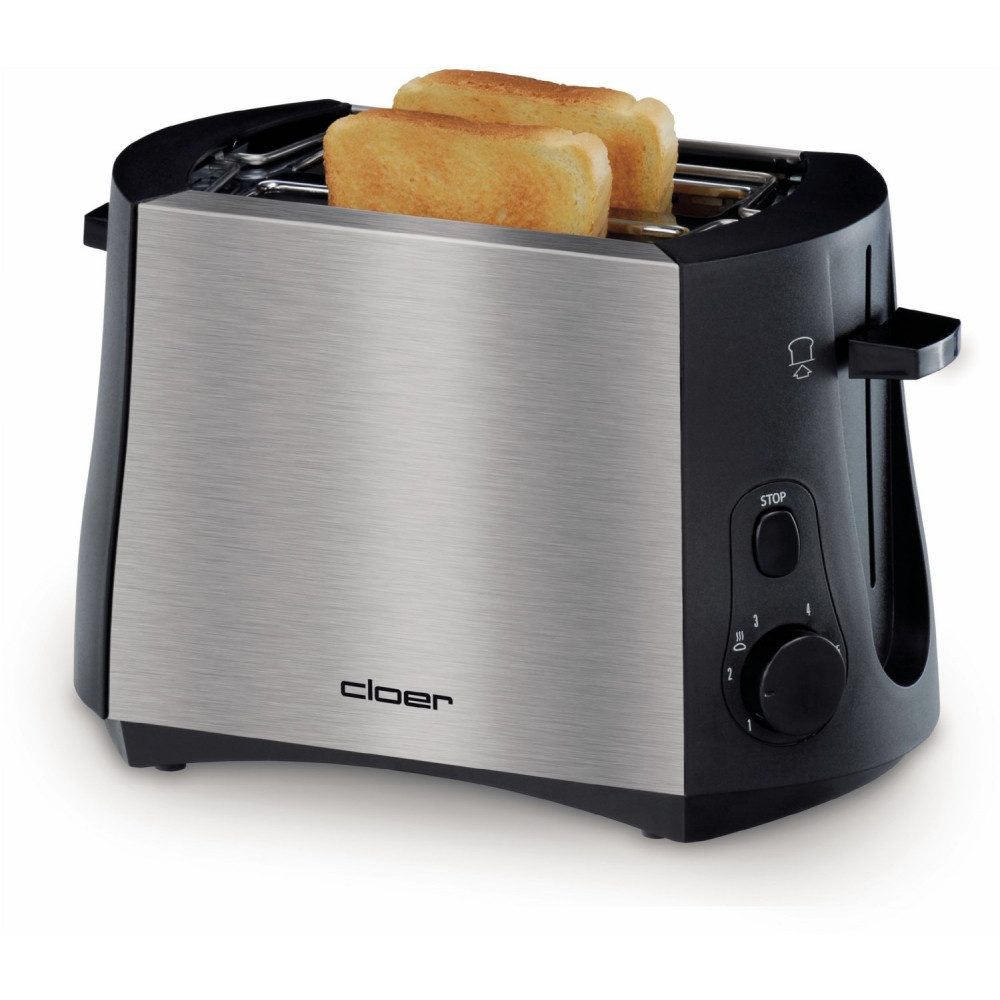 Cloer Toaster Cloer 3419 Toaster Edelstahl/Schwarz für 2 Toastscheiben., Parallelschlitz-Toaster, für Brötchen-Aufsatz integriert