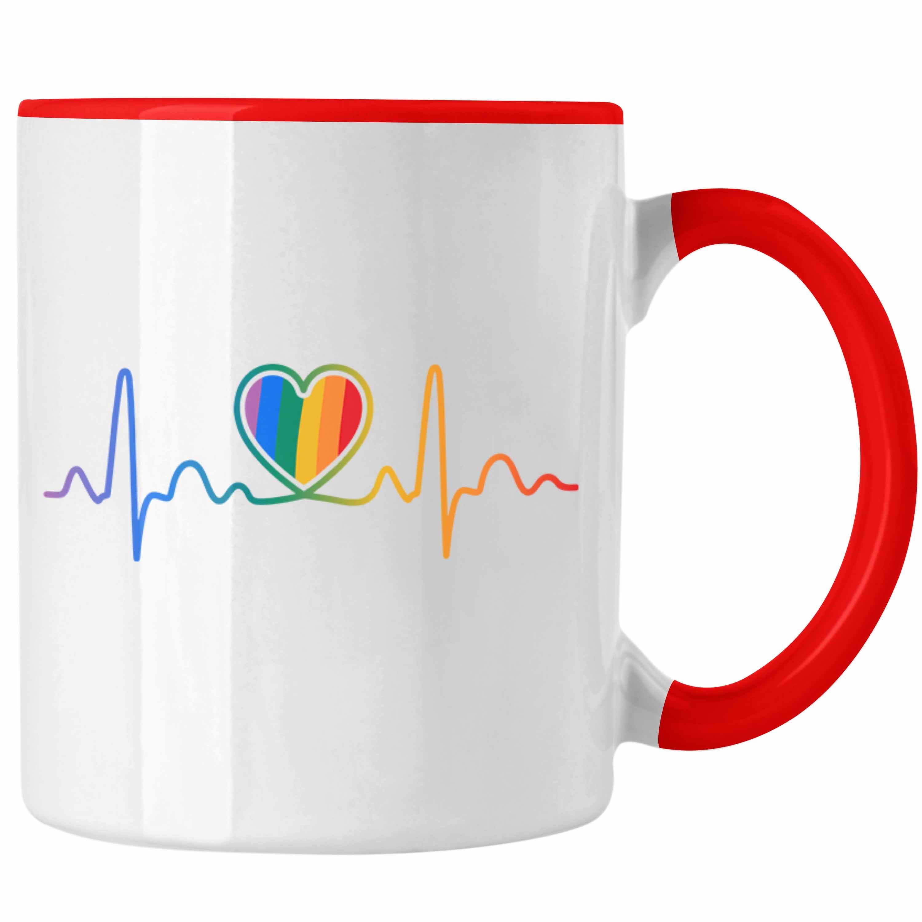 Trendation Tasse Trendation - LGBT Tasse Geschenk für Schwule Lesben Transgender Regenbogen Herzschlag Lustige Grafik Regenbogen Rot