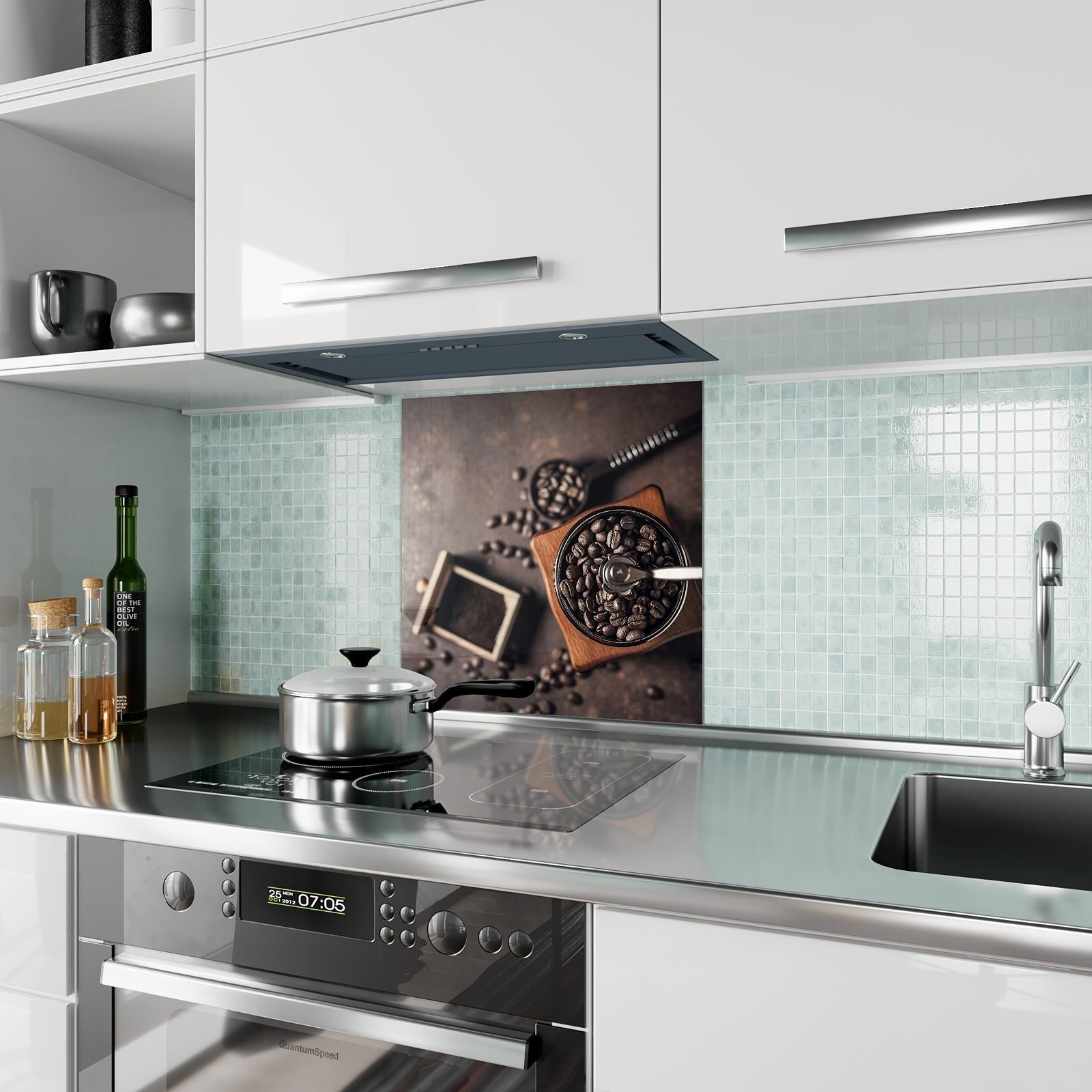 Spritzschutz mit mit Kaffeemühle Küchenrückwand Glas Bohnen Motiv Primedeco Küchenrückwand