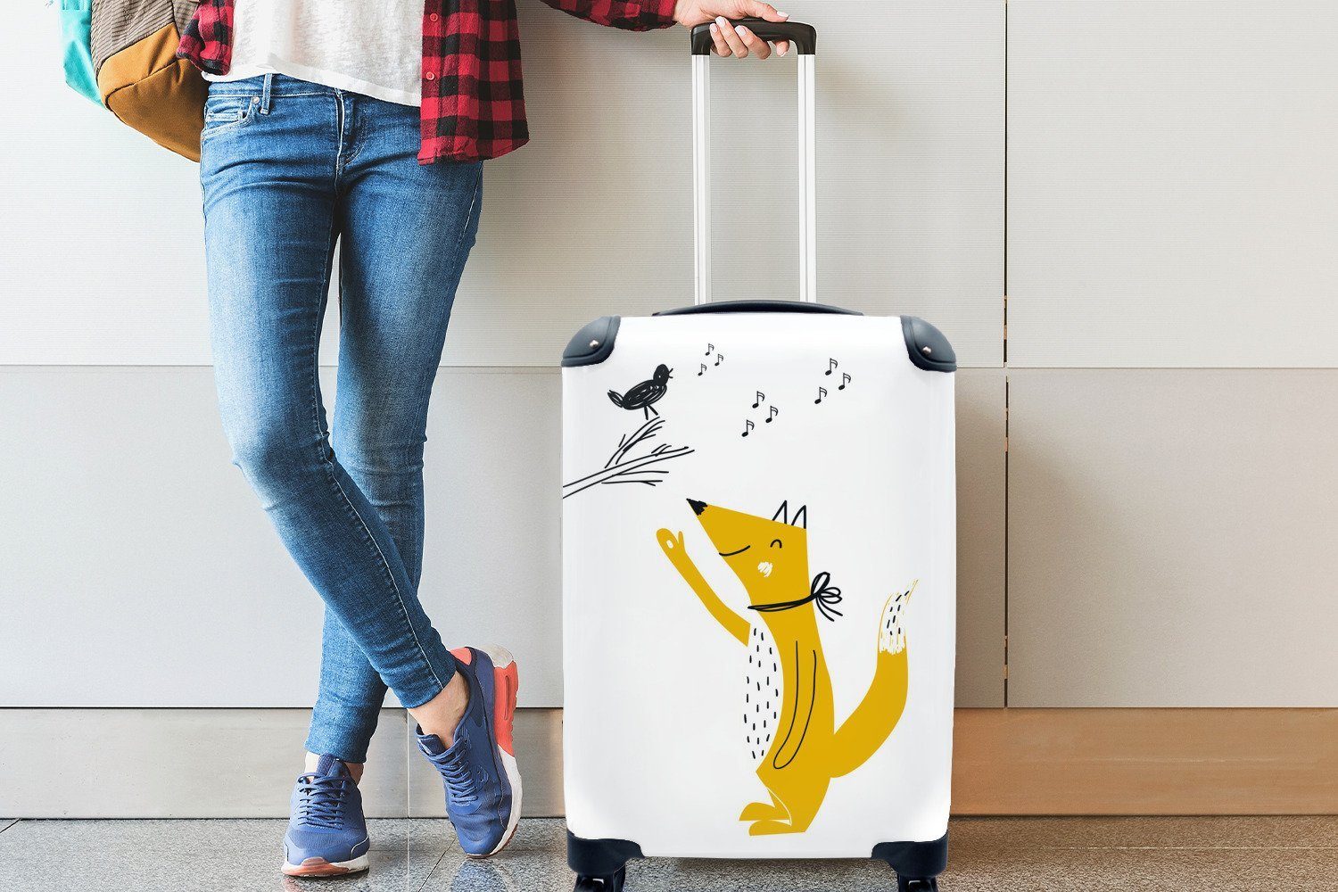 MuchoWow Handgepäckkoffer einem Handgepäck Kinder für mit einem Reisetasche Ferien, und 4 Trolley, Illustration Rollen, Fuchs mit singenden Vogel auf, Reisekoffer rollen