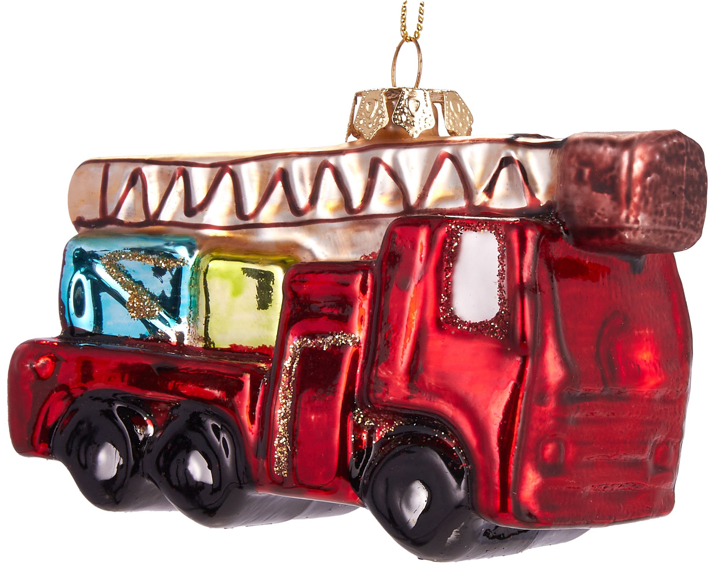 BRUBAKER Christbaumschmuck Handbemalte Weihnachtskugel Rotes Feuerwehrauto, Weihnachtsdekoration aus Glas, mundgeblasenes Unikat - 10 cm