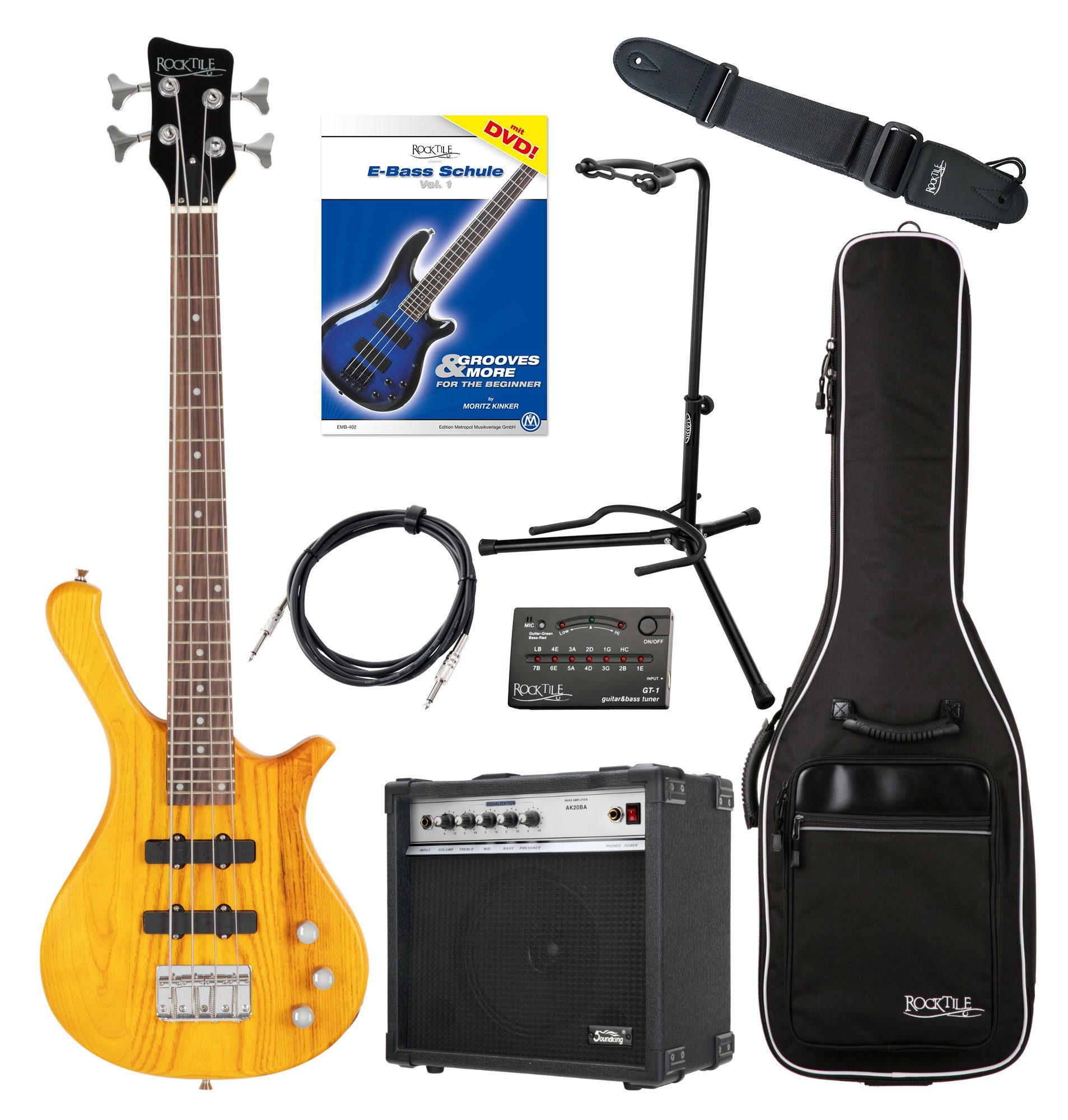 Rocktile E-Bass TB-4 Traveler Bassgitarre im Reiseformat, inkl. Verstärker, Gigbag, Gurt, Metro-Tuner, Kabel & Ersatzsaiten