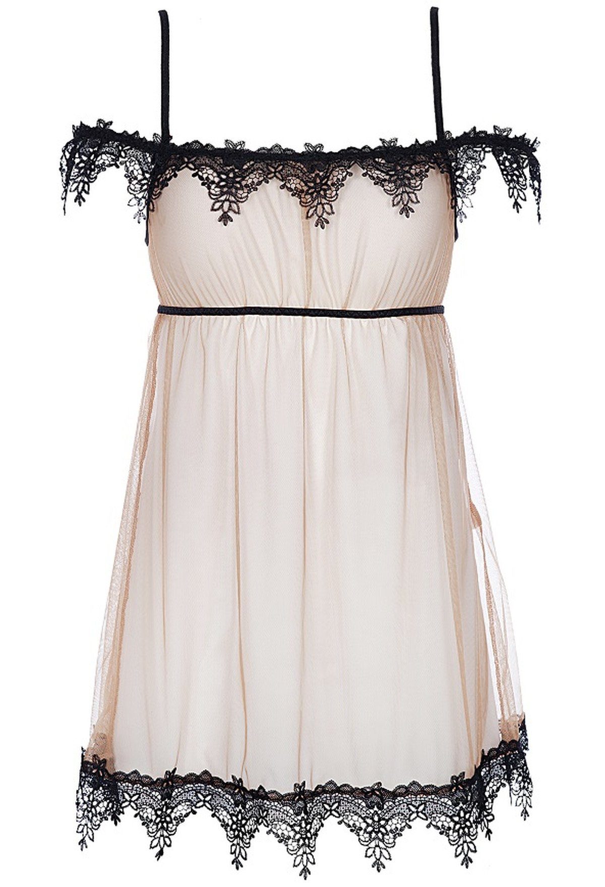 Nachthemd transparent in String Babydoll beige-schwarz Axami + (2-tlg) Negligé