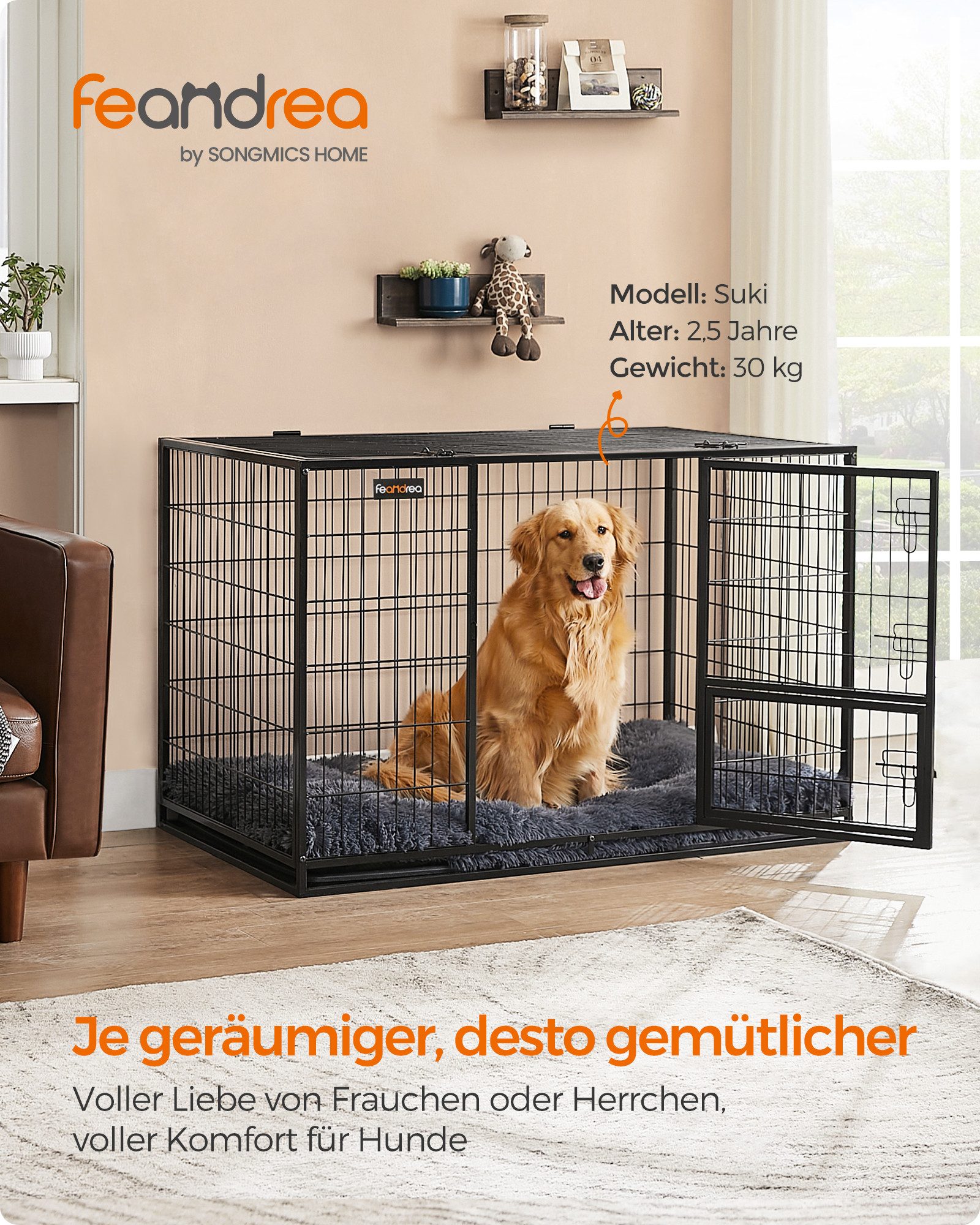 FEANDREA Hunde-Transportbox Hundekäfig hochbelastbar, Gitterbox, transportabler Haustierkäfig, für mittelgroße, große Hunde, Welpenauslauf, XXL, 122 x 75,5 x 80,5 cm